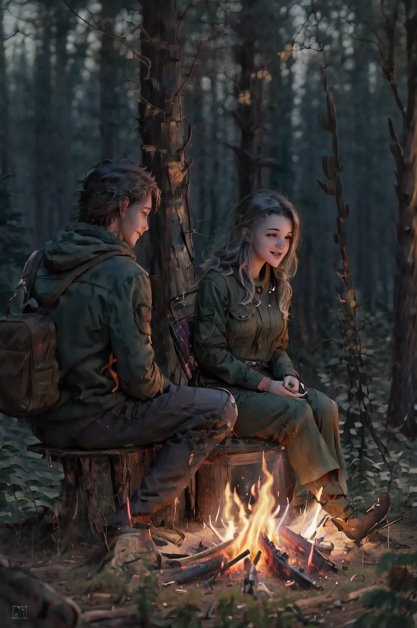 There are two smiling people sitting around a campfire in the woods, arte do jogo de RPG, Anato Finnstark e Alena Aenami, Art not Guweiz style, em uma fogueira na floresta, rob rey and kentarõ miura, rob rey and kentarõ miura style, Artgerm e Atey Ghailan