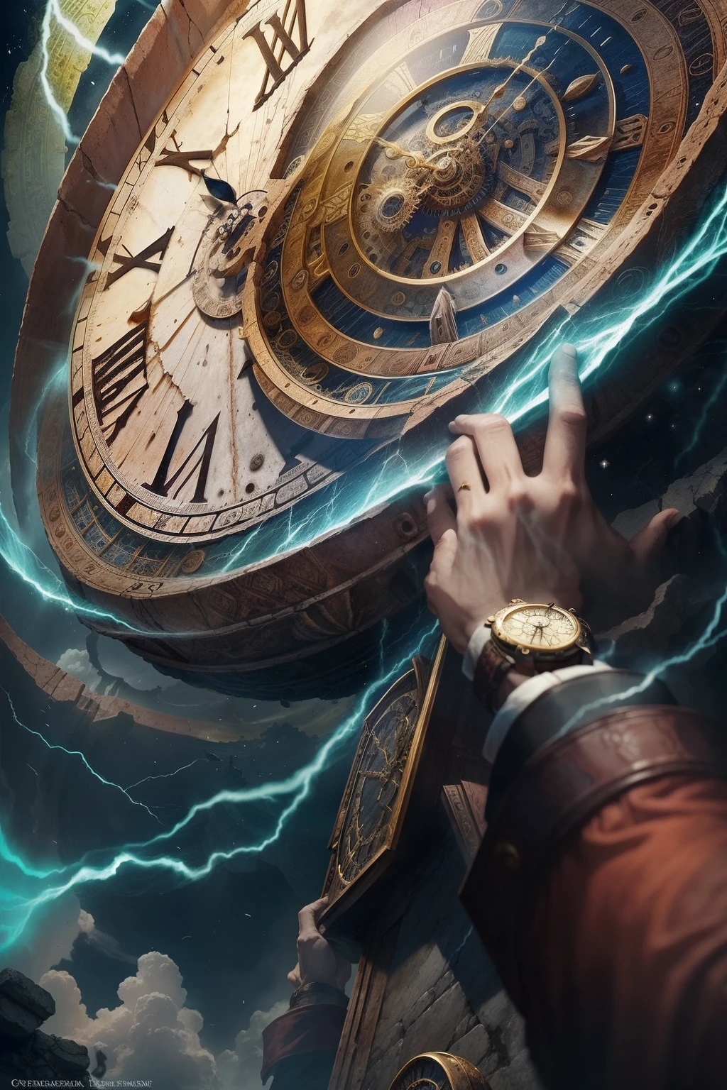 Ancient clock in the hands of the creator of time in an apocalyptic scenario, desgaste nas pessoas, Showing the relentless passage of time, with cracks in the face of the watch, poeira flutuante, luz crepuscular e nuvens carregadas, folhas secas voando pelo ar.