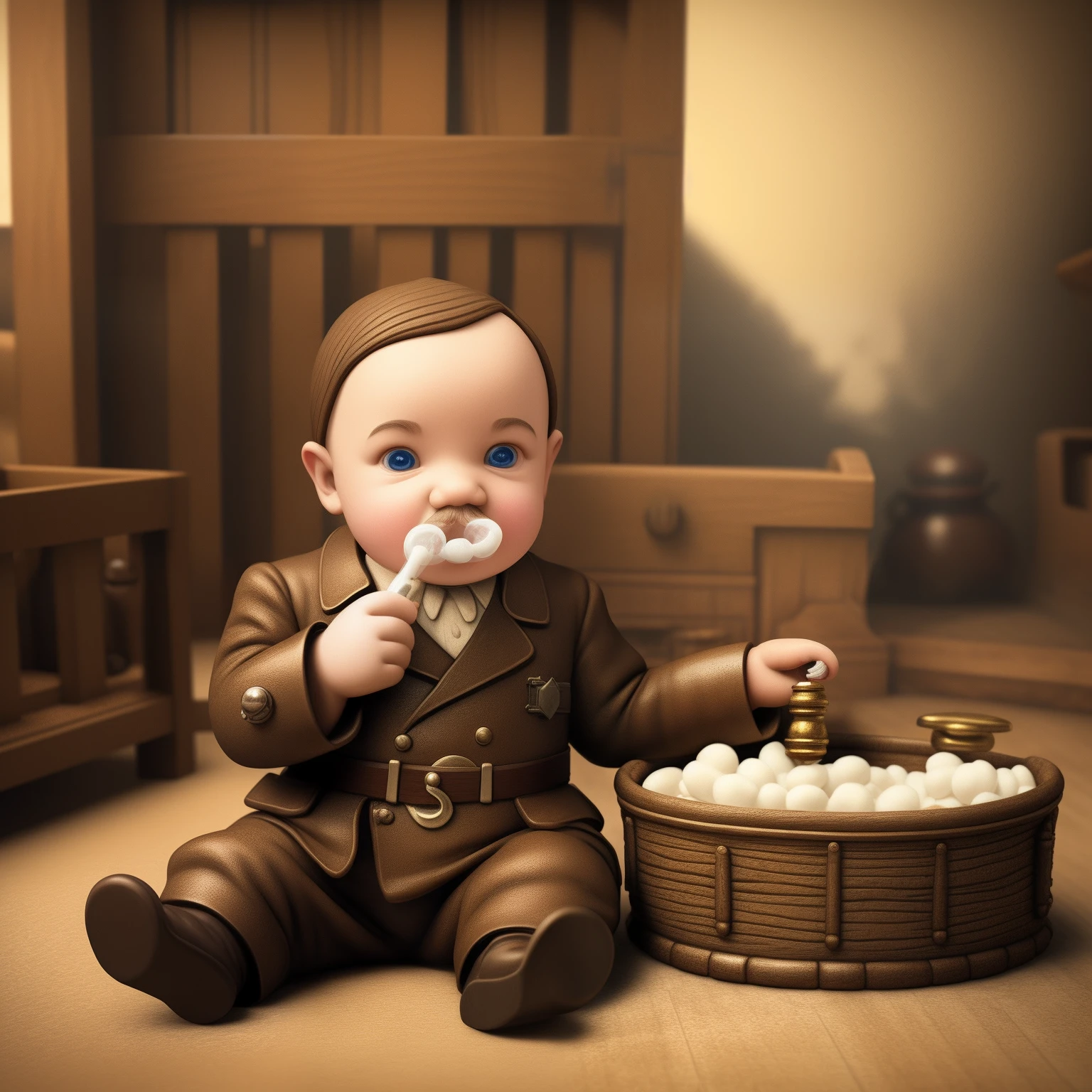  Adolph hitler in a crib, sucking on a penis pacifier, eating curds and whey, concept art, 4k, steampunk