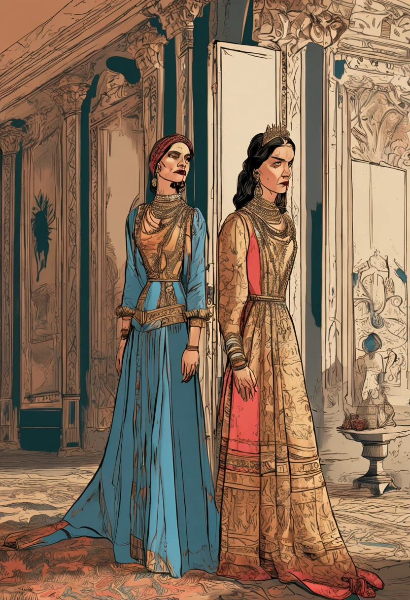 gaca an image of ancient palace or castle, where two women are in the king's room. Their voices convey tension and anger. The living room is spacious, with walls lined with elaborate tapestries and tall windows that let sunlight in.. The decoration is far-fetched, with carved wooden furniture and golden details. Women are standing, uma usa um vestido de cores escuras com detalhes em vermelho, a outra veste roupas elegantes em tons de azul e prata. Their countenances show frustration, with furrowed brows and arms crossed. O rei, sentado em um trono adornado, escuta atentamente. He uses a serious expression, his hands resting on the arms of the throne. The mood in the room is charged, as vozes ecoam, But there's also an air of urgency. It is evident that they seek a solution to the problem that afflicts them, A challenge that requires the king's attention and the strength of their words to overcome. As mulheres estao em frente ao REI