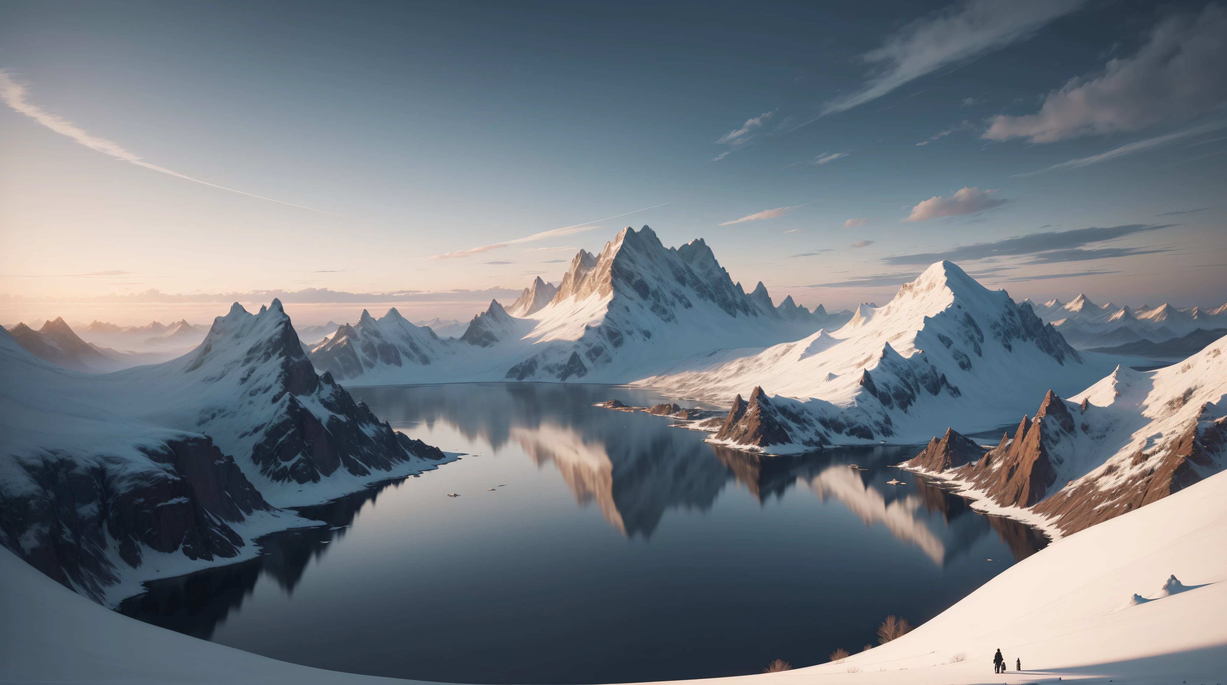 (Main idea)
A vast frozen lake surrounded by towering mountains, under a beautiful blue sky adorned with picturesque clouds. The scene is rendered with utmost realism, akin to a cinematic masterpiece. The focus is on high detail and the highest resolution, creating a mesmerizing 4K wallpaper. The view captures the far sight of the expansive horizon, showcasing the wide sky meeting the distant little mountains. The landscape features a grassy plain, and the clouds above are depicted in layers, forming waves of intricate patterns. The clouds are highly detailed, adding to the calming atmosphere of the scene. The depth of field enhances the sense of realism, with volumetric colors creating an immersive environment. The overall result is a breathtaking portrayal of a frozen paradise, a true work of art that combines natural beauty with technological prowess.