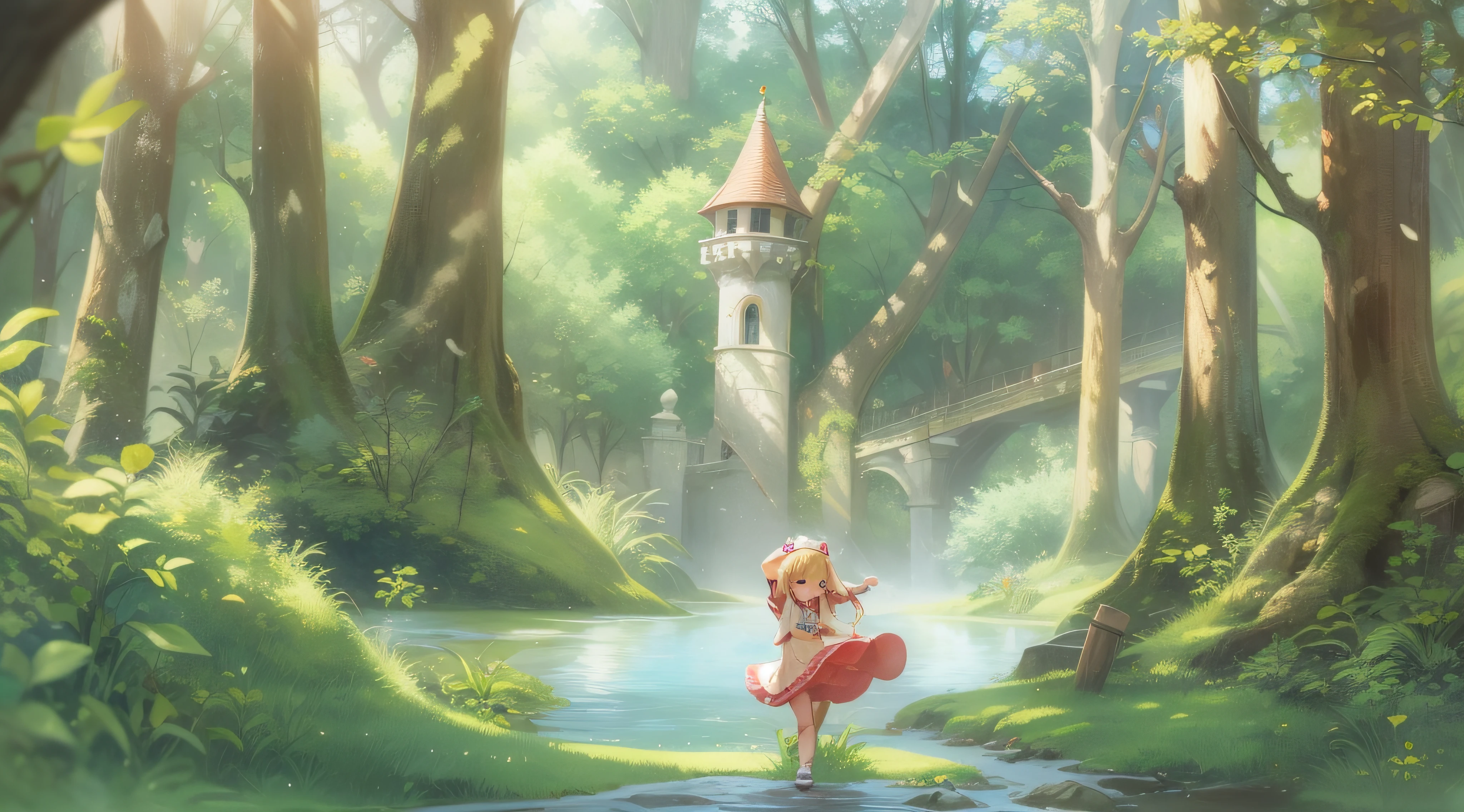 In the dense forest，Sunlight shines through the gaps in the woods，Sprinkle on green grass，It adds a touch of warmth and vibrancy to the whole scene。The little princess happily frolics in the forest，Next to her is a crystal clear well，A gentle breeze blows the water，Sparkling。And in the distance，A magnificent castle stands at the end of the forest，Its minaret is topped by clouds，It gives a fantastic feeling。