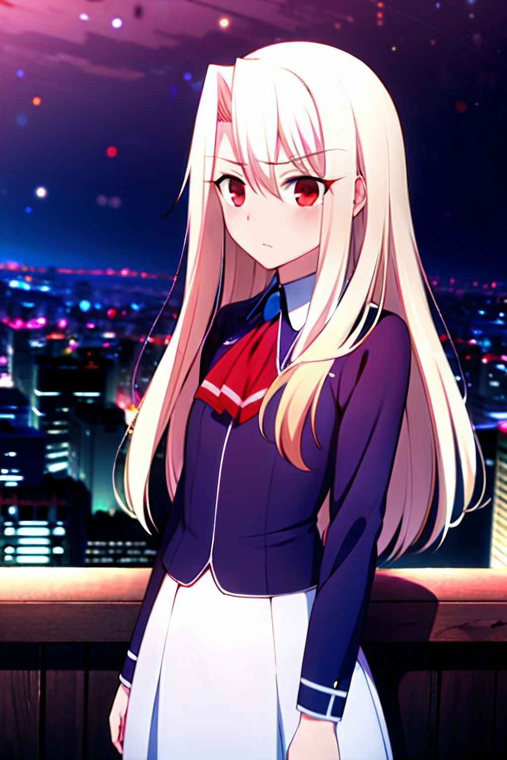 (Masterpiece:1.4), (Best quality:1.4), 1girll, Solo, 
Red eyes, White hair, Long hair, (illyasviel von einzbern:1.2), bangs, hair between eye, Purple shirt, White skirt, purple ascot, scowling, blush
View the viewer, The whole body of the machine, 
City, Cityscape, sky, Night