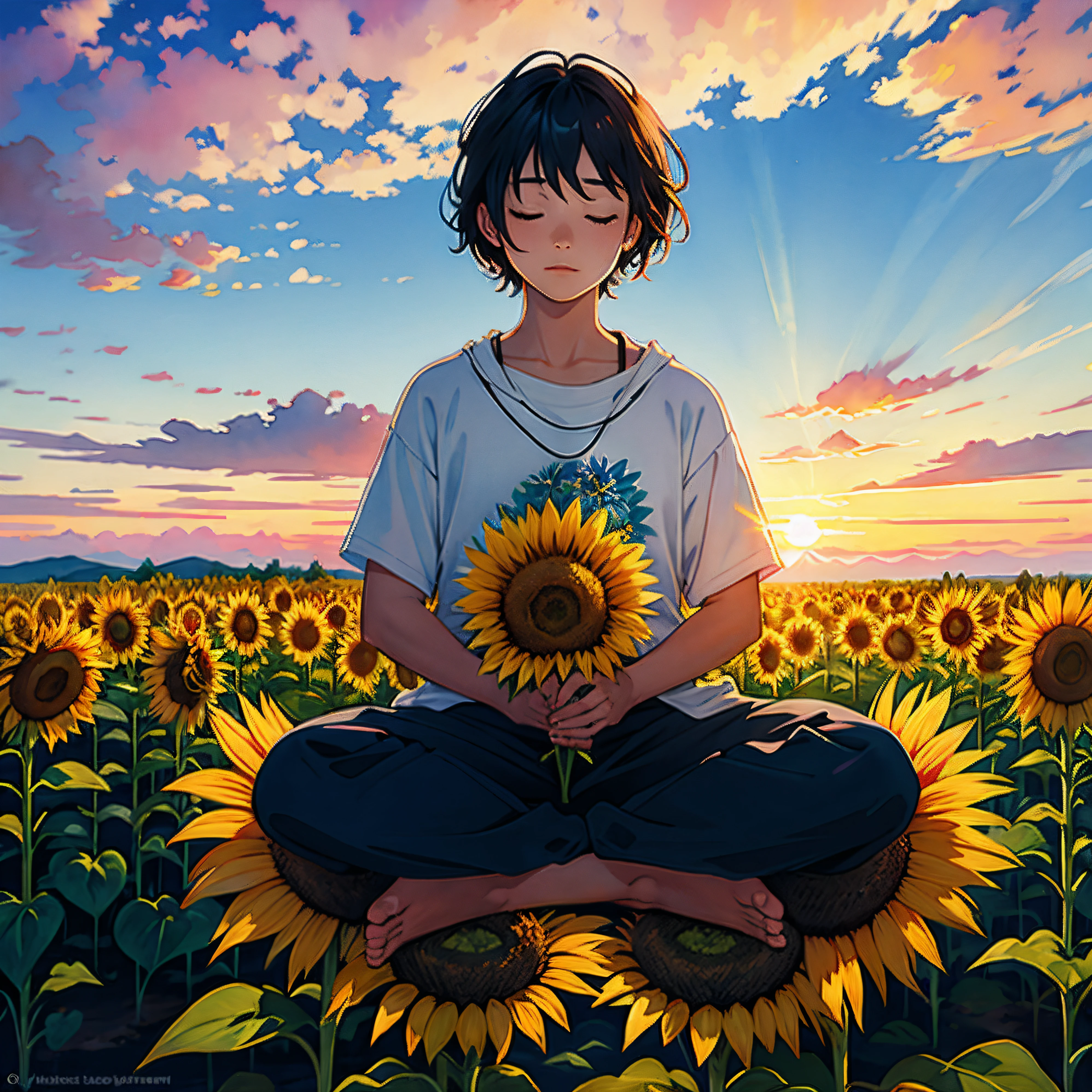 1 person in watercolor meditating at sunset with sunflower,A representation of Reiki