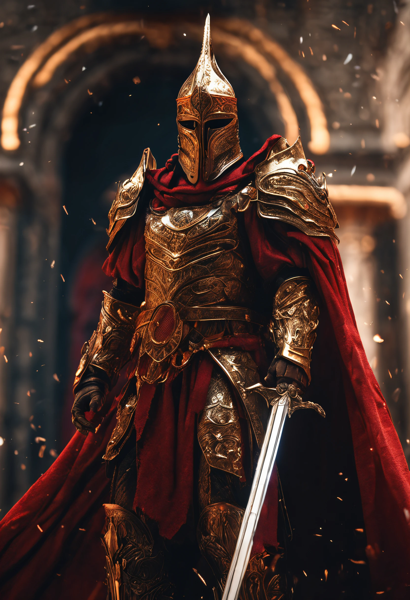 (Ultra-detailed CG unity 8k wallpaper, Masterpiece, Best quality, Depth of field, hdr, Intricate), Tall sinister dark killer，Wearing a metal mask，Bright blood-red eyes，Golden Praetorian Guard armor，Behind him is wearing a gorgeous golden cloak，In his left hand, he holds a sharp giant sword in one hand，Walk through the golden majestic palace, On both sides of the palace stood countless people wearing golden Janissary armor，(Intricate: 1.4) (Masterpiece: 1.4) (illustration: 1.4), Red studio lighting, Post-processing, 8K resolution, Dark background, Imposing, Well-composed photos, Impressive, Dark fantasy，Cinematic real