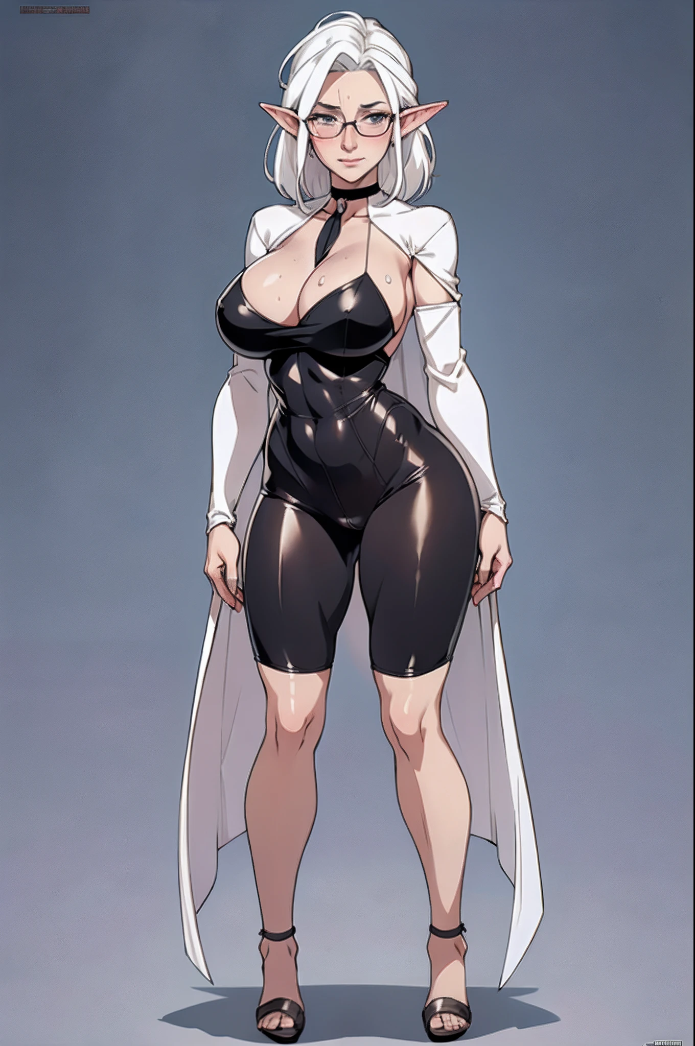 Beautiful elf, (mature face:1.4), white hair, (full body shot:1.4) round perky boobs, medium size, black choker, glasses, fully , blushing, sweaty