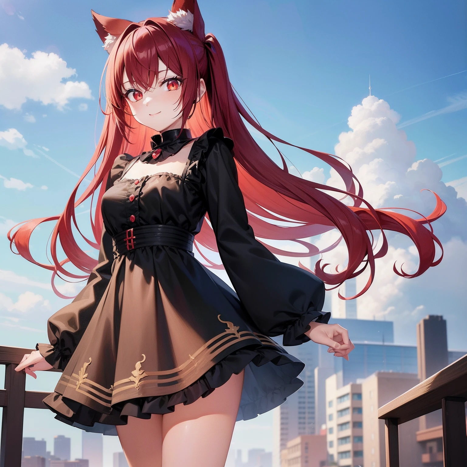 Anime filling,Two-dimensional illustration,Red hair,Half Twin Tail,shorth hair,Big eyes,A smile,a beauty girl,cute little,Super Cute,Black cat ears,Red Eyes,Ruffled Clothes,Black lace clothes,Inner colorGreen,One girl,Full body painting,A masterpiece of 2D art,(masterpiece,Top image quality:1.3),(detaile:1.2),(1人),Standing picture