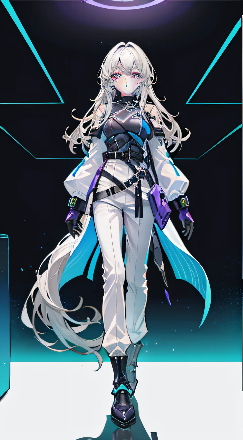 A girl in her twenties,Full body like,rosto magro,dark gray eyes,light grey hair, waist-length hair,The ends of the hair are slightly curly,tidy hair,cparted lips,Tall and tall,Manteau blanc,Pocket,Research suits,white shirt,White lining,Light gray loose trousers,tigh-high boots,whitegloves,Right-handed holographic computer watch,Floating holographic blue screen,Total control room background,cyber punk perssonage,nigh sky,Lab Room,skyscrapper,1 woman,mitts,standing,long whitr hair,Mugs,kawa,hacking,genius,high and cold,review,indifferent,Researcher,Blue-purple squares,color blocking,Signal interference,Purple eye pattern background,karate