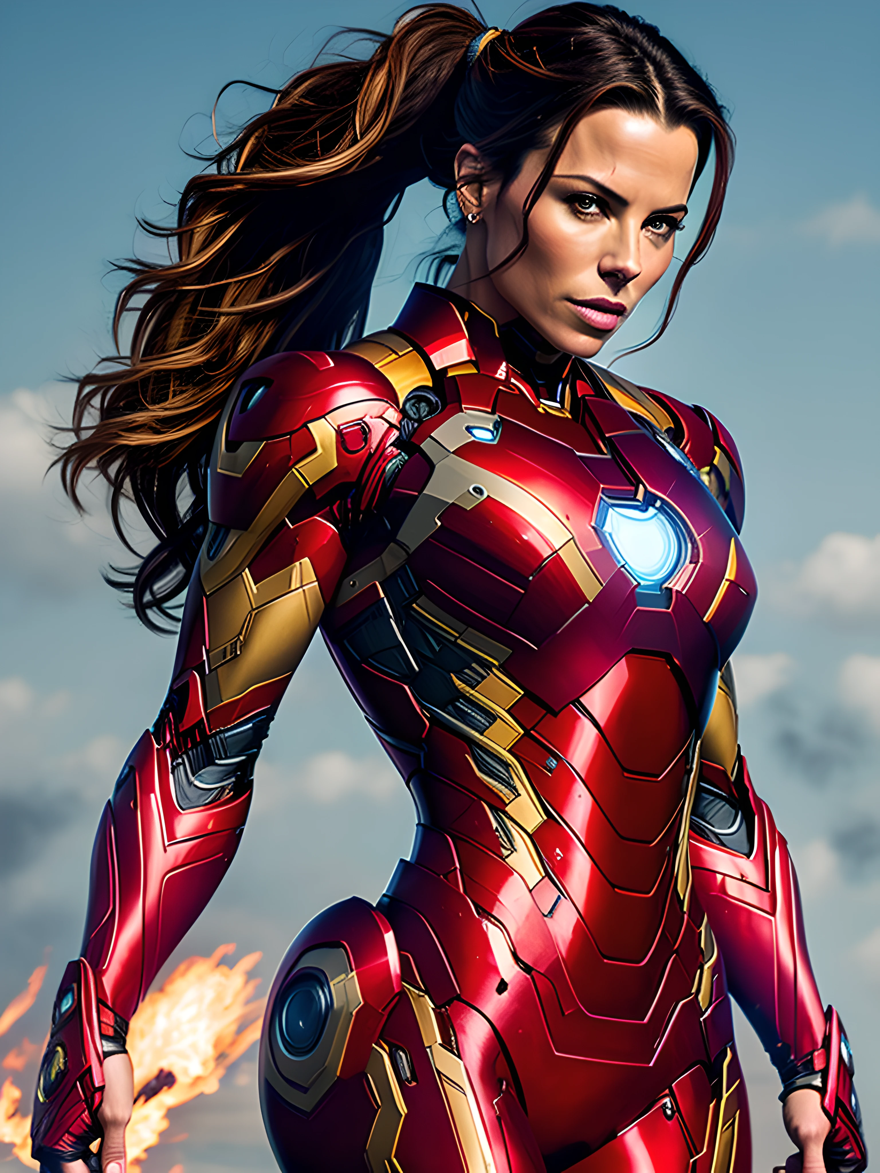 "Kate Beckinsale is Iron Man, wearing an Iron Man costumer with sexy physique, young face, intricate Iron Man costume, long pony tailed hair, showcasing her strength and determination while doing an Iron Man pose. Ultra high definition and resolution, capture every detail of her intense expression and powerful stance. Photorealism brings her presence to life."
