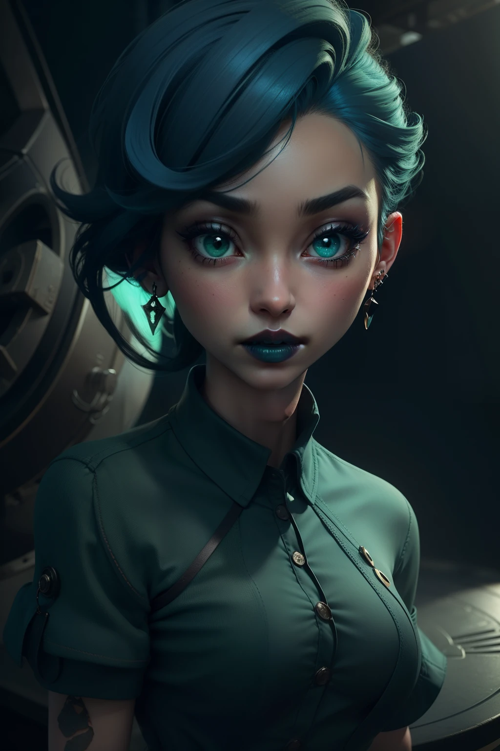 Personagem. De corpo inteiro, rosto estilo 3D,  meiga e delicada, com cabelos longos coloridos,chocolate,Short blue hair,black t-shirt,green eyes,Round metal earrings,Silent colors,Black lipstick