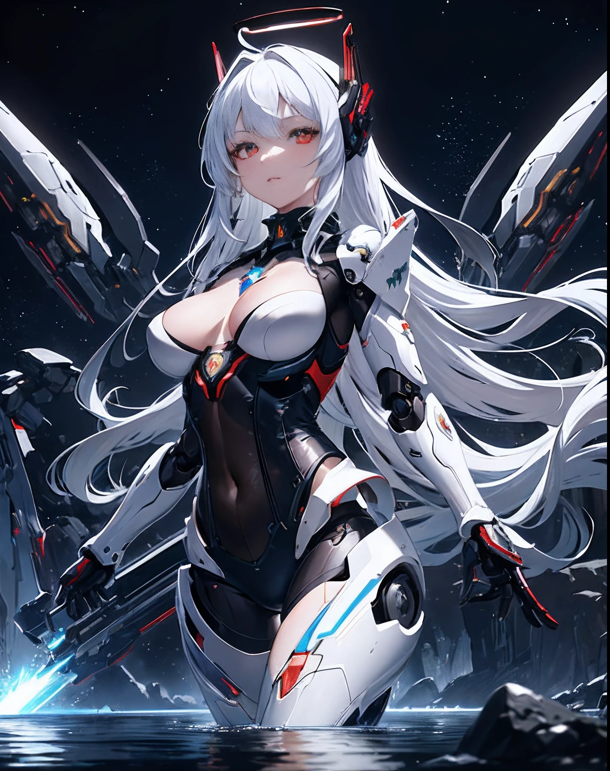 masterpiece,best quality,ultra-detailed,very detailed illustrations,extremely detailed,intricate details,highres,super complex details,extremely detailed 8k cg wallpaper,cowboy shot, caustics,reflection,ray tracing,demontheme,nebula,dark aura,cyber effect, (1girl:1.4),solo,alone,mecha musume,mechanical parts, robot joints,single mechanical arm, headgear, mechanical halo,star halo,intricate mechanical bodysuit, mecha corset, kimono, full armor, very long hair,white hair, hair between eyes, multicolored hair, colored inner hair, red eyes,glowing eye,eye trail, random expressions,random action, ancient japanese architecture,pond, starry sky,skyline,