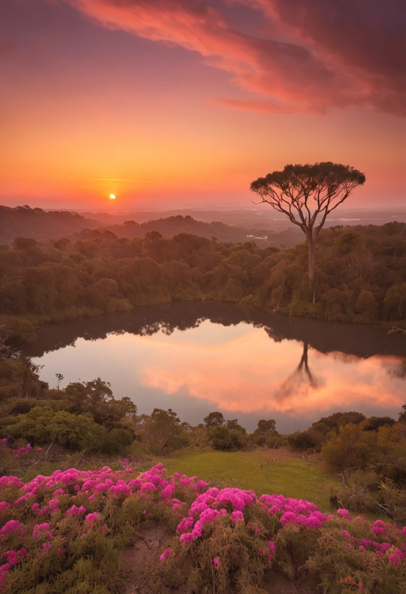 "Describe in words the magical and mesmerizing scenery of the world's most beautiful sunset, where the sky turns into a dazzling color palette, pintando nuances de ouro, laranja e rosa sobre o horizonte. Clouds draw unique patterns, refletindo a luz do sol de maneiras que parecem quase irreais. The sun slowly dips toward the horizon, casting rays of golden light that extend like luminous arms across the sky, bathing the landscape in a soft, ethereal light. You can feel the tranquility in the air as the world seems to pause to enjoy this heavenly masterpiece. The intense colors gradually turn into softer and softer tones, as the darkness of the night begins to creep in, giving way to the first stars that begin to dot the firmament. In this magical moment, You feel completely enveloped by the beauty of nature and are reminded of the indescribable wonder the world can offer every day."
