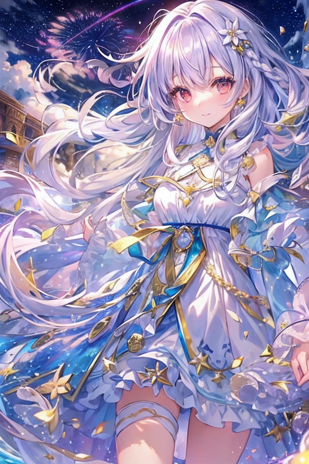 (((​masterpiece)))、(((top-quality)))、((ultra-detailliert))、(illustratio)、((extremely delicate and beautiful))、Bright smile、floating、(Detailed light) (1girl in)、、独奏、The long-haired、The wind is blowing、A WORLD、（cute eye）、(thick thighs), (Curve), White hair, (Red Eyes), 1 girl, pale skin, (Two-tone hair), Eyelashes, Smile, gleaming skin, Shiny hair, Long hair, nigh sky, nebulas, Galaxy, (Stars, inner strength), looking at you, Anime, beautiful anime eye, Beautiful detailed eyes, Eyes, Glittering eyes, (neons), Angelic, Halo, Flowers, (Colorful hair, rainbow hair, Liquid, Water, cloud, starrysky), Sleepy eyes), (lolita dress, detailed dress, Cute dress, fuffy dress,), Anime, rainbows, Style,