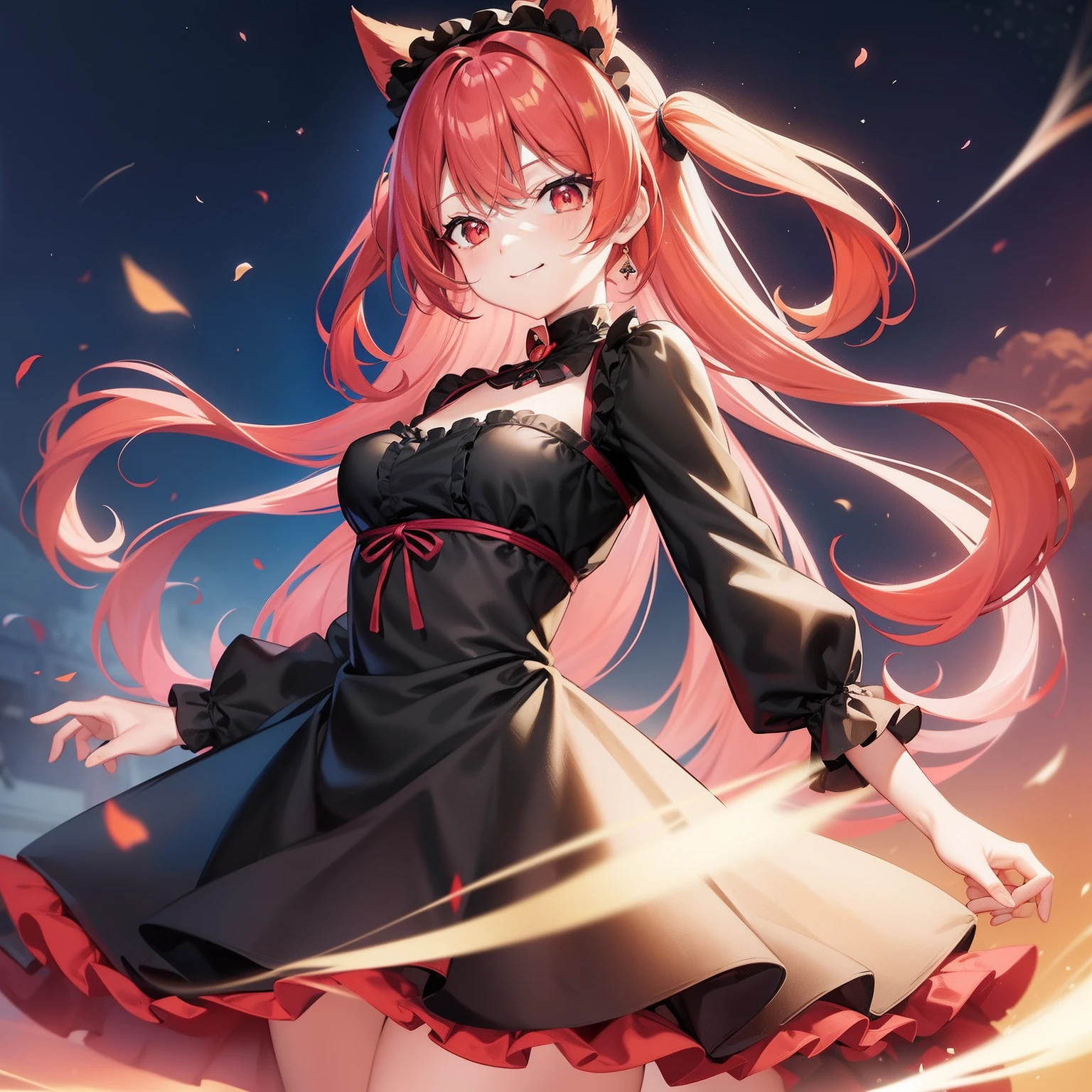 Anime filling,Two-dimensional illustration,Red hair,Half Twin Tail,shorth hair,Big eyes,A smile,a beauty girl,cute little,Super Cute,Black cat ears,Red Eyes,Ruffled Clothes,Black lace clothes,Inner colorGreen,One girl,Full body painting,A masterpiece of 2D art,(masterpiece,Top image quality:1.3),(detaile:1.2),(女の子1人),Standing picture