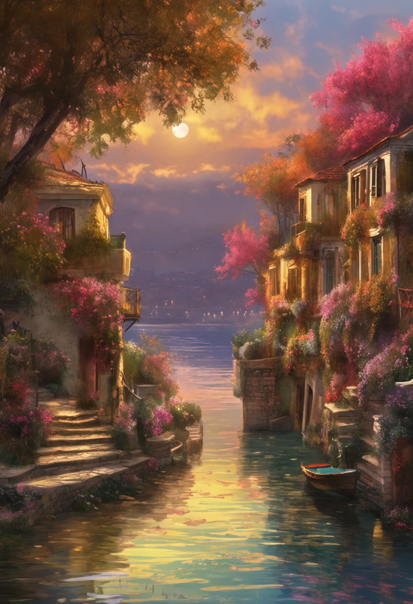 arvore (0.1), calm waters of the Bosphorus in the foreground (0.1), Sunset tones painting the scene in warm colors (0.1), translated into the artistic styles of Claude Monet's impressionist traits (0.05) and in the idyllic, light-infused scenery by Thomas Kinkade (0.05)