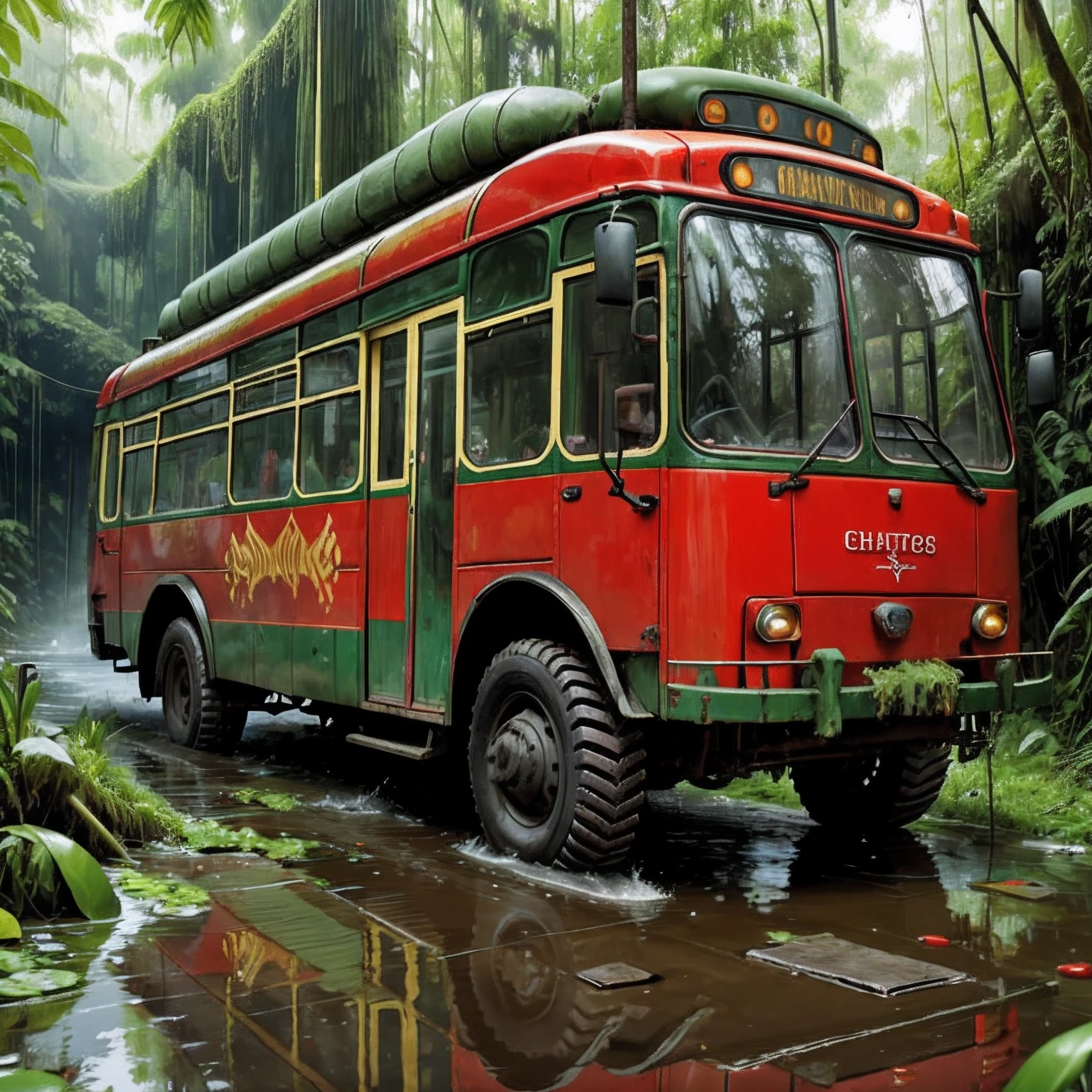 (chariot:1.1), (trolleybus:1.08), (Painted bright red:1.05), Vehicle focus, no man, debris, camouflage, slime, splashing, jungle, dirty