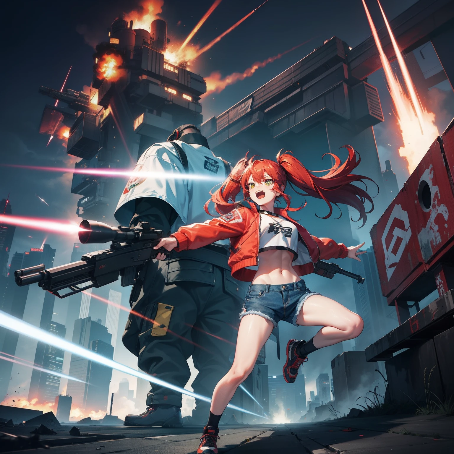 Full body shot, female asian Irina Shidou red hair twintails green eyes, in a cyberpunk city, wearing a bomber jacket and crop top and denim shorts, standing next to a Nissan GT-R, holding a big machine gun, holding a long laser rifle, shooting laser rifle, shooting lasers up at the sky, missile strike, rocket launch, rapid fire, explosions, running and jumping, open mouth, screaming, frontal shot, side shot, rear shot, back shot, behind shot, masterpiece, highly detailed