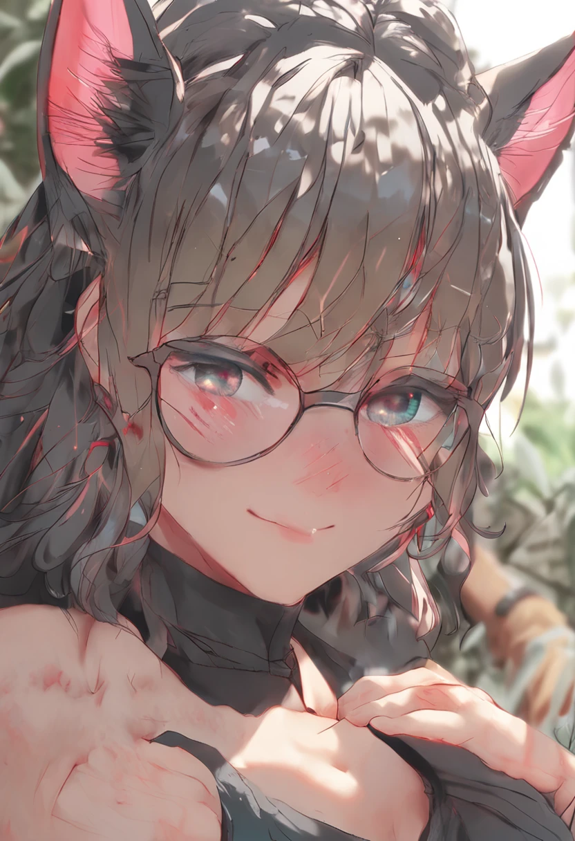 hair bobbles, wince, longeyelashes, solid circle eyes, fake animal ears, light smile, ear blush, fang, anaglyph, stereogram, tachi-e, pov, atmospheric perspective, Surrealism, border, 8k, super detail, ccurate, best quality, textured skin, high details