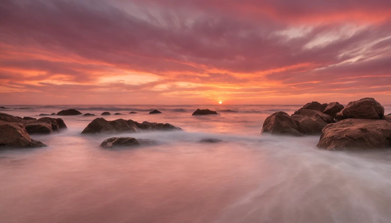 "Describe in words the magical and mesmerizing scenery of the world's most beautiful sunset, where the sky turns into a dazzling color palette, pintando nuances de ouro, laranja e rosa sobre o horizonte. Clouds draw unique patterns, refletindo a luz do sol de maneiras que parecem quase irreais. The sun slowly dips toward the horizon, casting rays of golden light that extend like luminous arms across the sky, bathing the landscape in a soft, ethereal light. You can feel the tranquility in the air as the world seems to pause to enjoy this heavenly masterpiece. The intense colors gradually turn into softer and softer tones, as the darkness of the night begins to creep in, giving way to the first stars that begin to dot the firmament. In this magical moment, You feel completely enveloped by the beauty of nature and are reminded of the indescribable wonder the world can offer every day."