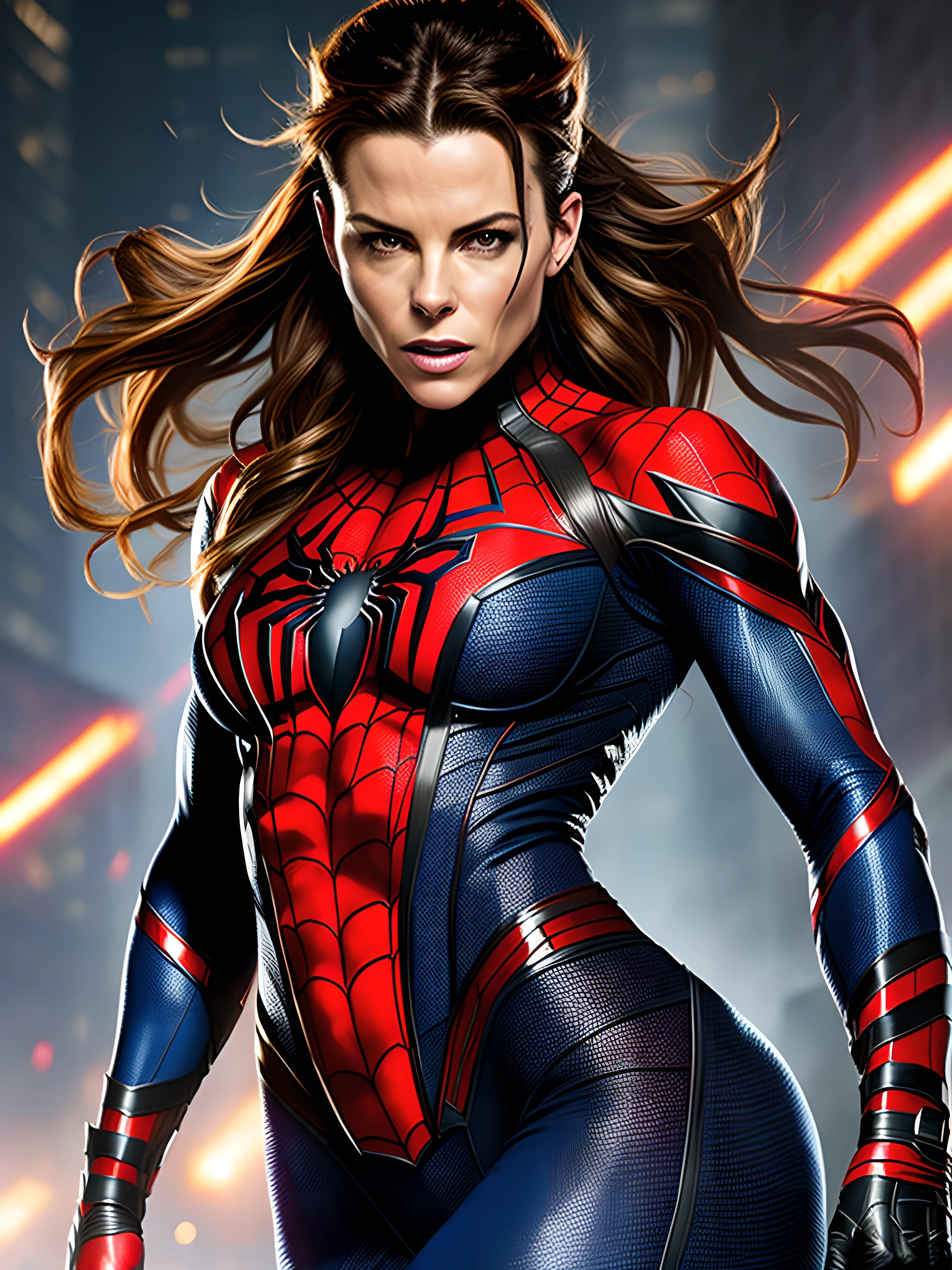 "Kate Beckinsale is Spider-girl, wearing a Spider-Man ripped costume with sexy physique, young face, intricate Spider-Man ripped costume, long pony tailed hair, showcasing her strength and determination while doing a Spider-Man pose. Ultra high definition and resolution, capture every detail of her intense expression and powerful stance. Photorealism brings her presence to life."