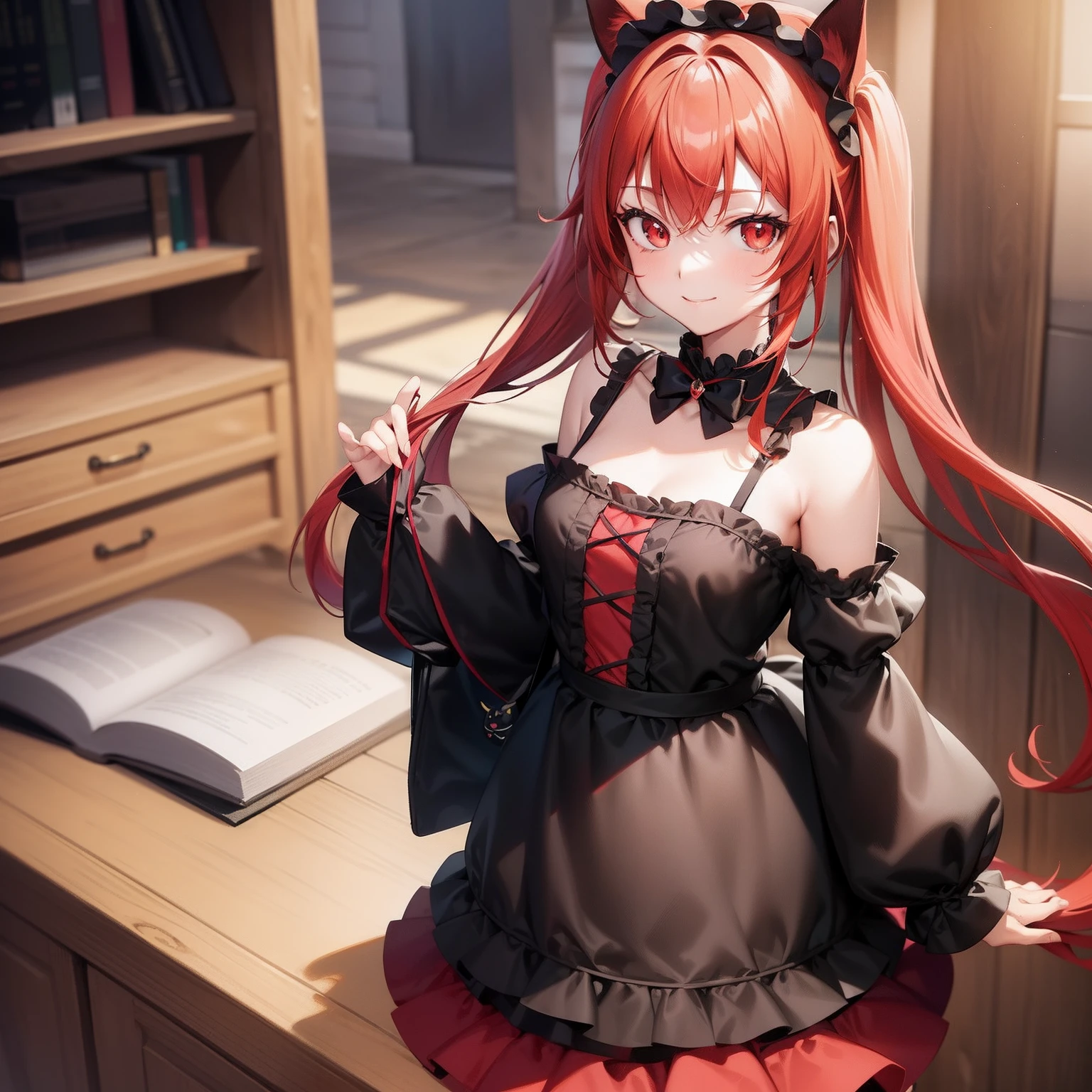 Anime filling,Two-dimensional illustration,Red hair,Half Twin Tail,shorth hair,Big eyes,A smile,a beauty girl,cute little,Super Cute,Black cat ears,Red Eyes,Ruffled Clothes,Black lace clothes,Inner colorGreen,One girl,Full body painting,A masterpiece of 2D art,(masterpiece,Top image quality:1.3),(detaile:1.2),(女の子1人),Standing picture