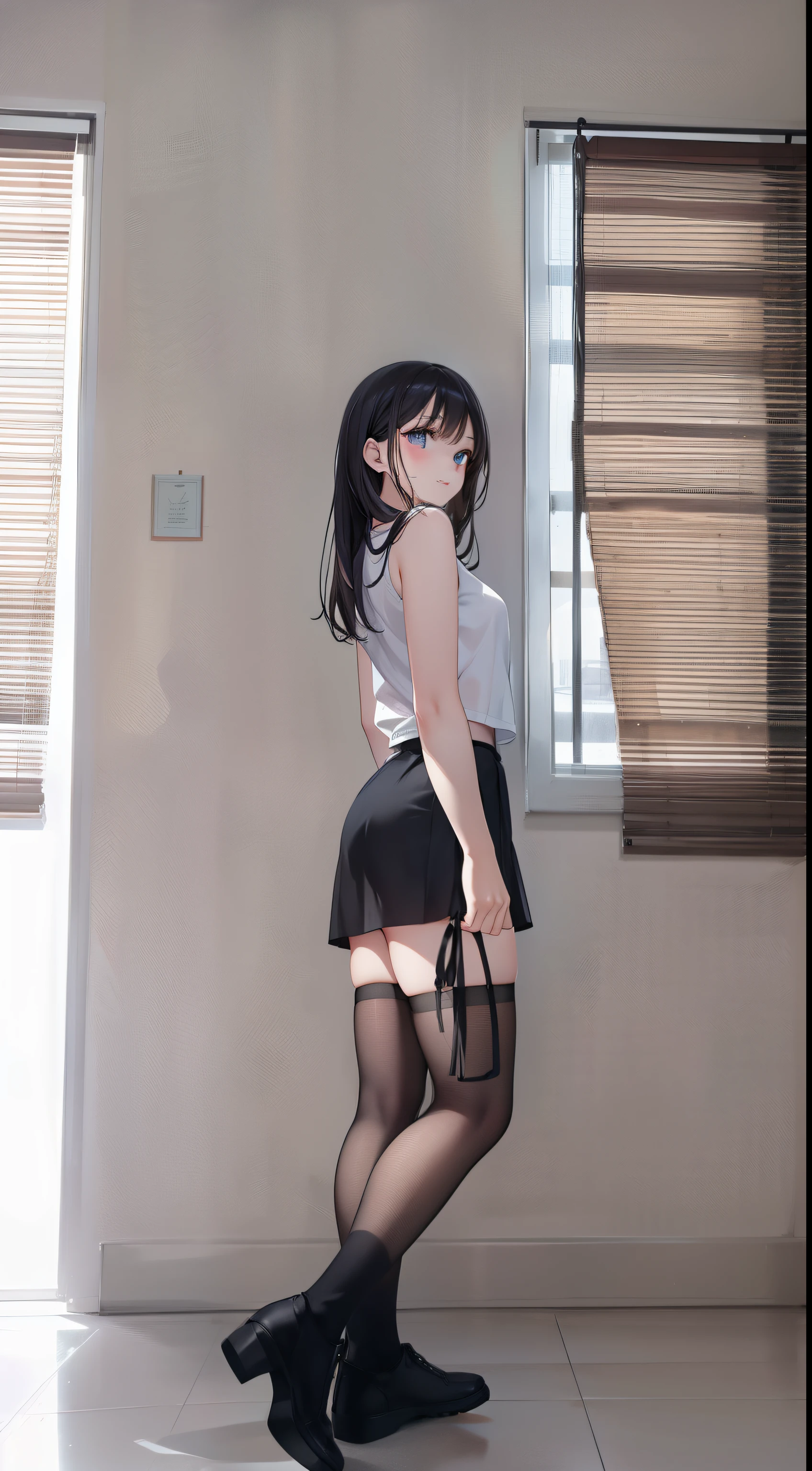there is a woman standing in a room with a window, side pose, 2 4 female model, wearing skirt, with backdrop of natural light, thighhighs and skirt, black skirt, casual pose, sexy look, full body picture, in shorts, full body cute young lady, short skirt, wearing black shorts, wearing a tanktop and skirt, beautiful eyes, clear face, pretty face, beautiful face, good hand, good eyes, good nose, good mouth