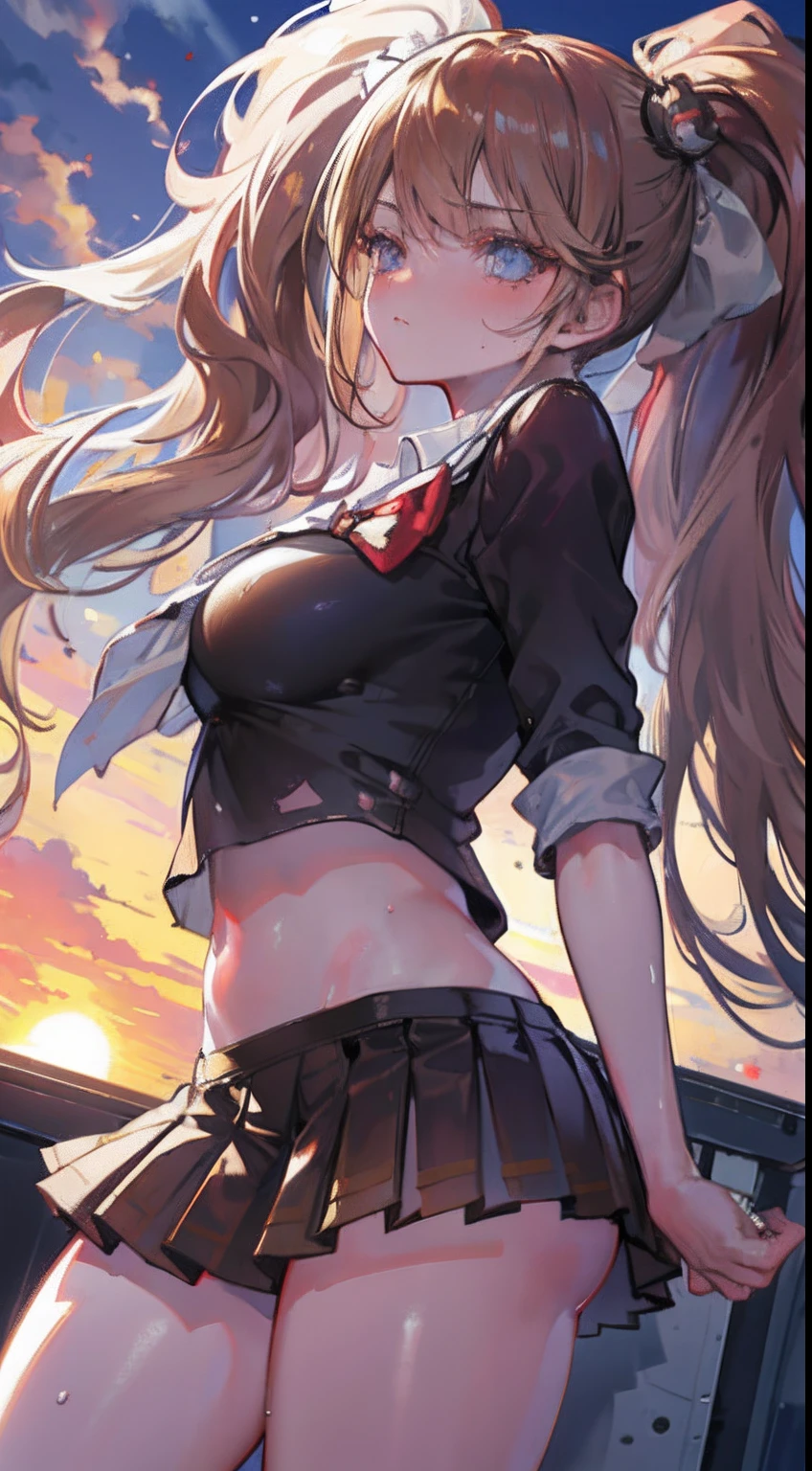 realistic, photorealistic, colorful, great lighting, ultra-detailed, dynamic angle, masterpiece, solo, perfect face, (bright lighting:1.2),beautiful detailed eyes, extremely detailed face, perfect lighting,masterpiece, best quality, {hair (darkbrown), (long hair), (2 ponytails)},
look up from below, Backward, on all fours, classroom, sunset,
darkbrown high school girl uniform, pleated skirt, stockings, glasses, ribbon, sweaty, wet body, navel out, thighs out, buttocks, large breast, slim, slender, translucent, Embarrassed expression, blush