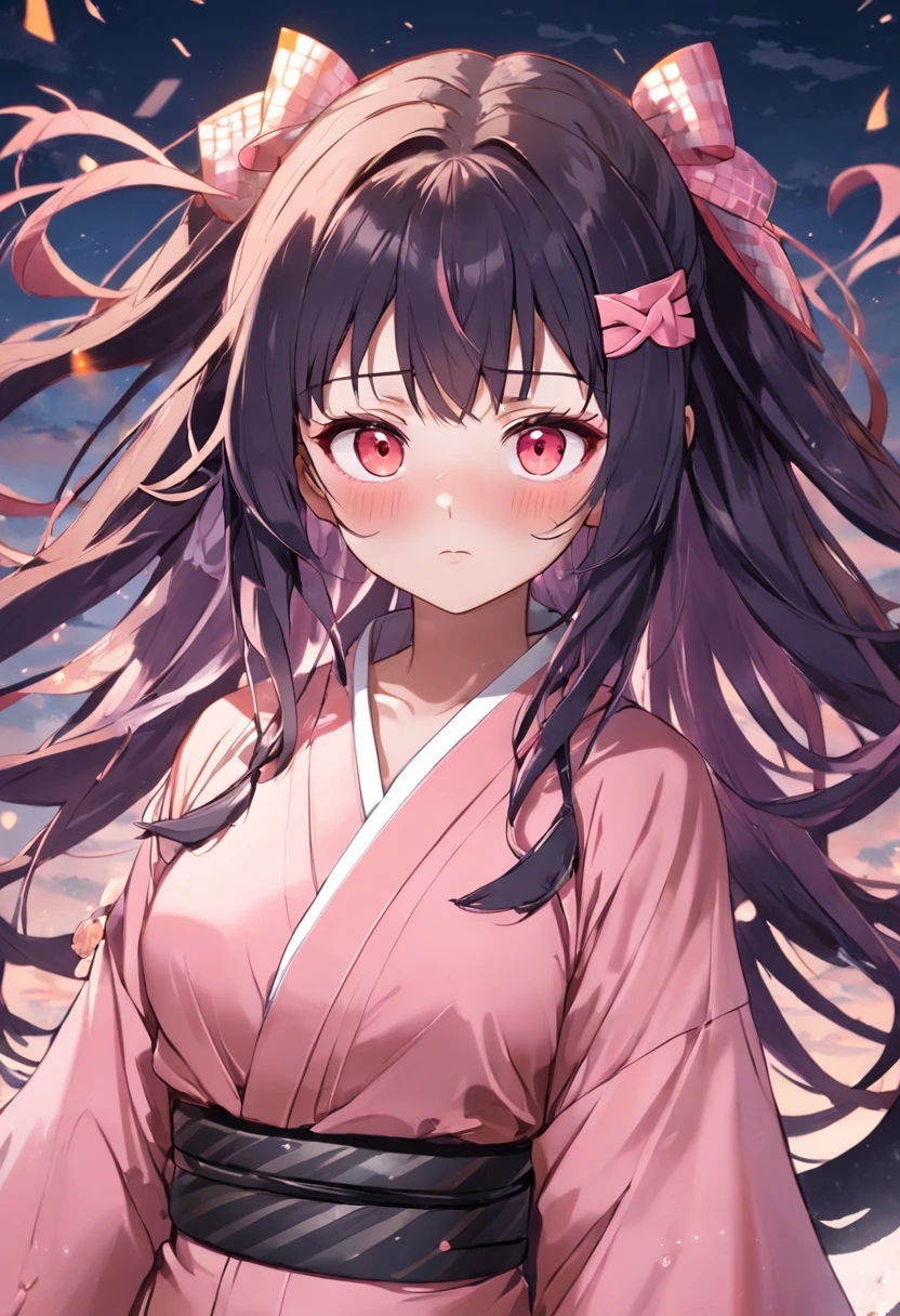 Nezu Koshodo, Nezuko Kamado, Bamboo, (Bit Gag:1.5), Black hair, (Forehead:1.5), gag, Gagged, Hair ribbon, Long hair, multicolored hair, (Pink eyes:1.5), Orange hair, Pupil of the slit, Wavy hair, two tone color hair, Breaking free from the ASA does not (Pattern), checkered sash, haori, Japanese clothes, komono, Long sleeves, Obi, Pink kimono, sash, wariza, Wide sleeves, BREAK looking at viewer, Break indoors, Break (Masterpiece:1.2), Best quality, high resolution, Unity 8k wallpaper, (illustration:0.8), (Beautiful detailed eyes:1.6), Extremely detailed face, Perfect lighting, Extremely detailed CG, (Perfect hands, Perfect anatomy),