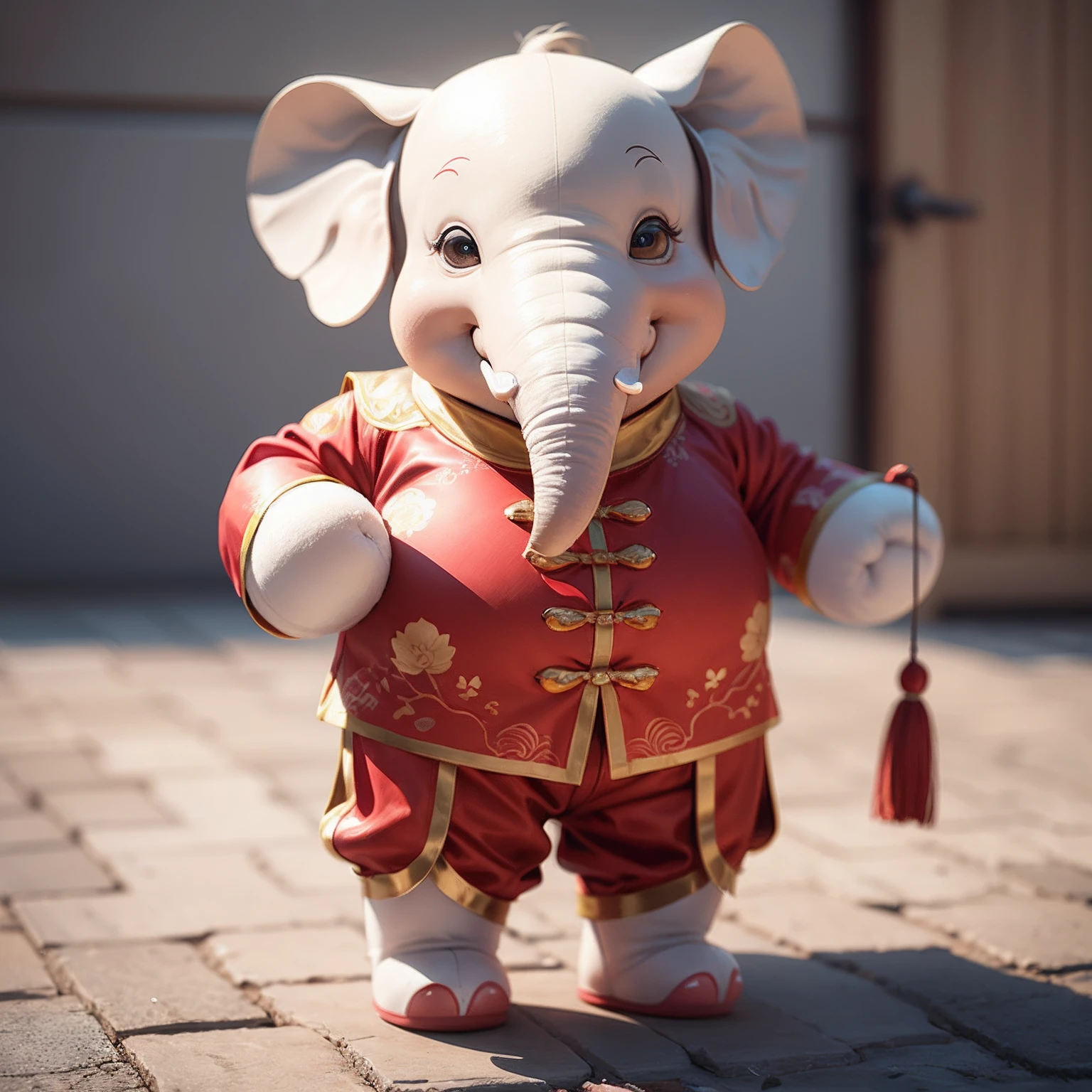 Cartoon elephant in Chinese costume，There is a word "easy" on the forehead，anthropomorphic turtle，3D image，Brand IP image，period costume，emblem of wisdom，Ancient official costumes ，Full body photo，standing on your feet，nothing background，white backgrounid，adolable，clever，Frontal angle，adorable smile，Hefty Smile