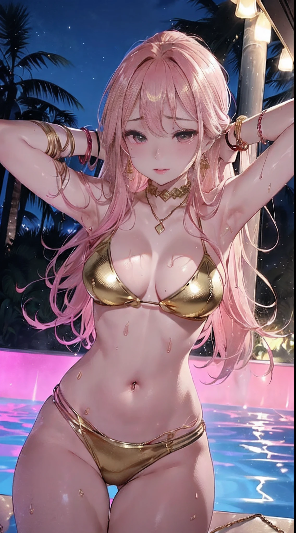 hightquality、top-quality、8K, Pretty Woman, Luxury hotel pool、Outdoor pool、Neon light、Pink lighting、swimming pools、Pool at night、Night view、, ((Sexual climax, trembling, motion line:1.2)), makeup、maikurobikini、Full Body Gold Accessories, (Gold Accessories、Gold necklace、Gold Bracelet、belly button piercing、Gold waist chain、Gold Earrings), Thick lip、Glossy pink lipstick、((((Lower grade)))), (((Sweat))), ((Sexual climax, trembling, motion line:1.2)),fishnet tights、Girls swimming in the pool