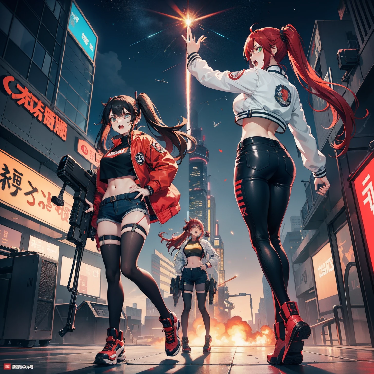 Full body shot, female asian Irina Shidou red hair twintails green eyes, in a cyberpunk city, wearing a bomber jacket and crop top and denim shorts, standing next to a Nissan GT-R, holding a big machine gun, holding a long laser rifle, shooting laser rifle, shooting lasers up at the sky, missile strike, rocket launch,  rapid fire, explosions, running and jumping, open mouth, screaming, frontal shot, side shot, rear shot, back shot, behind shot, masterpiece, highly detailed