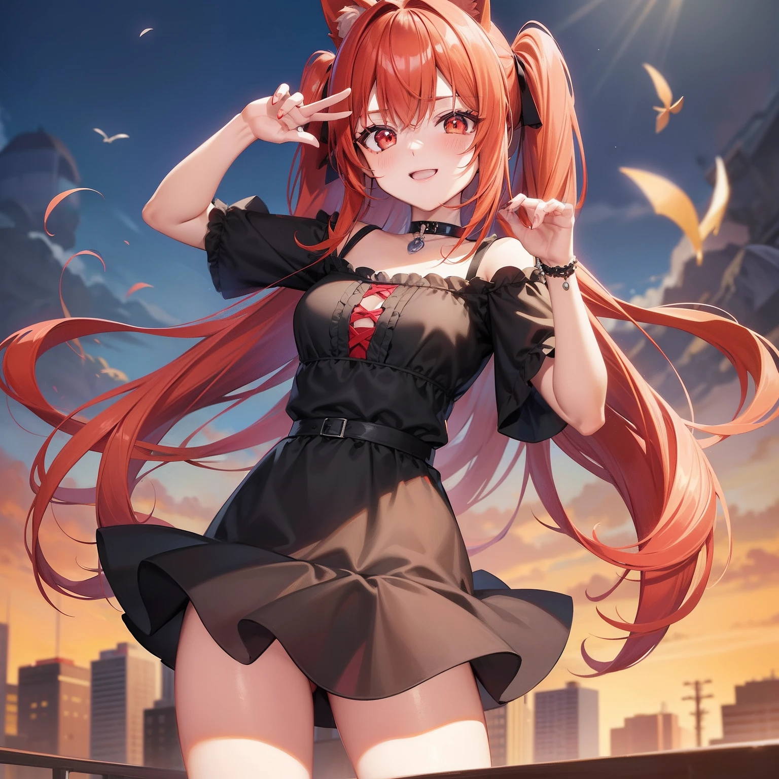 Anime filling,Two-dimensional illustration,Red hair,Half Twin Tail,shorth hair,Big eyes,A smile,a beauty girl,cute little,Super Cute,Black cat ears,Red Eyes,Ruffled Clothes,Black lace clothes,Inner colorGreen,One girl,Full body painting,A masterpiece of 2D art,(masterpiece,Top image quality:1.3),(detaile:1.2),(1人),Standing picture