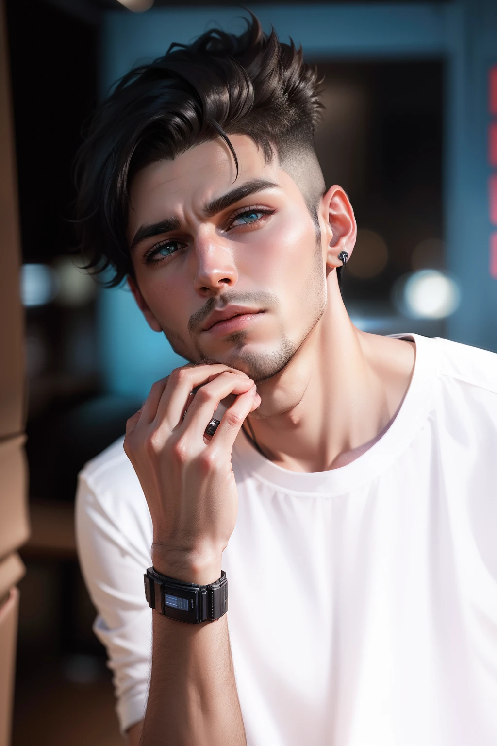 Change background cyberpunk handsome boy realistic face,ultra realistic,8k,and improve technology