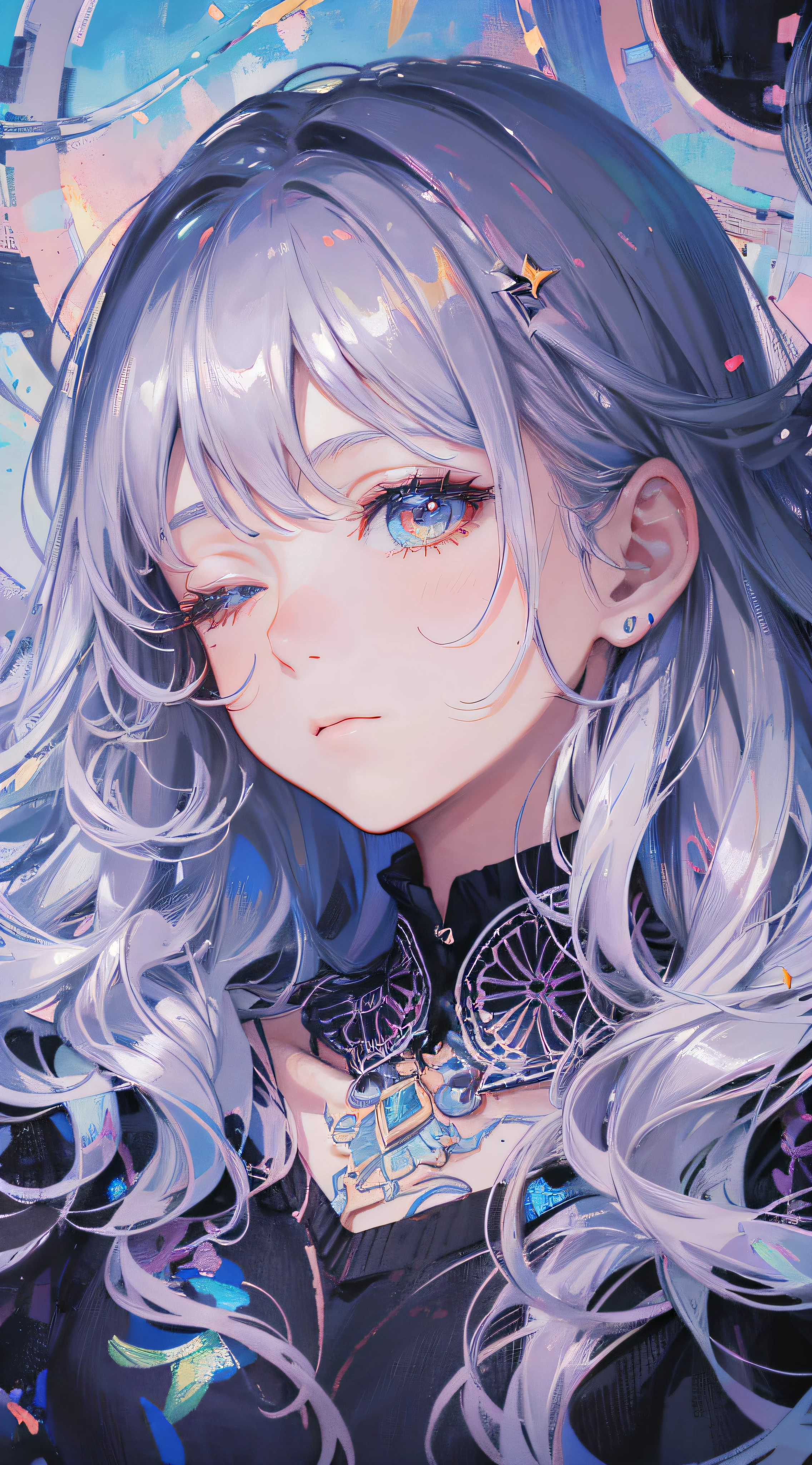 (8k, RAW photo, best quality, masterpiece:1.2), (extremely detailed CG, ultra-detailed, best shadow:1.1),1girl, solo, upper body, painting, drawing, paper texture, ultra high res, ((extremely detailed face)), flat color, limited palette, low contrast, mature women, best lighting, sweater, sleeping, sleeping beauty, closing eyes, black eyeliner,a girl falling in the air, clouds, blowing hair, closed mouth, white hair, white:1.6, (zentangle, mandala, tangle, entangle:1),