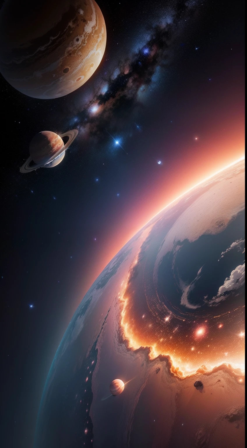 a view of space from earth full of stars and nearby planets like jupiter, saturn, and all, a realistic, ultra hd, 8k, beautifull