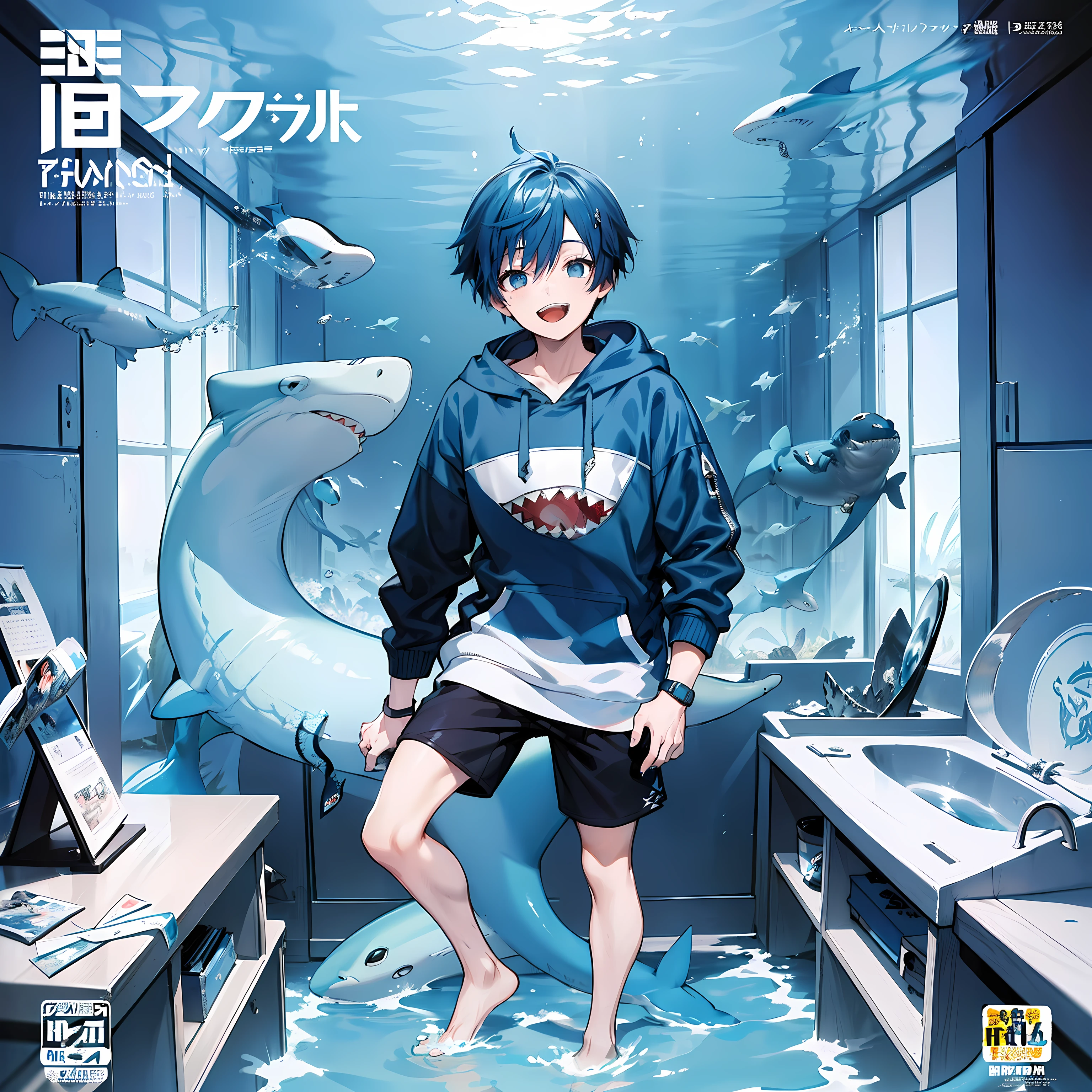 masterpiece, best quality, full body, (((1boy))), (Wearing a blue shark tail hoodie), (smiling shark teeth),(Hair style: Boy Messy Japanese Round Haircut for Thick Hair), (blue hair), black shorts, ((solo)), (magazine:1.3), (cover-style:1.3), fashionable,Under water, (in side tunnel aquarium),