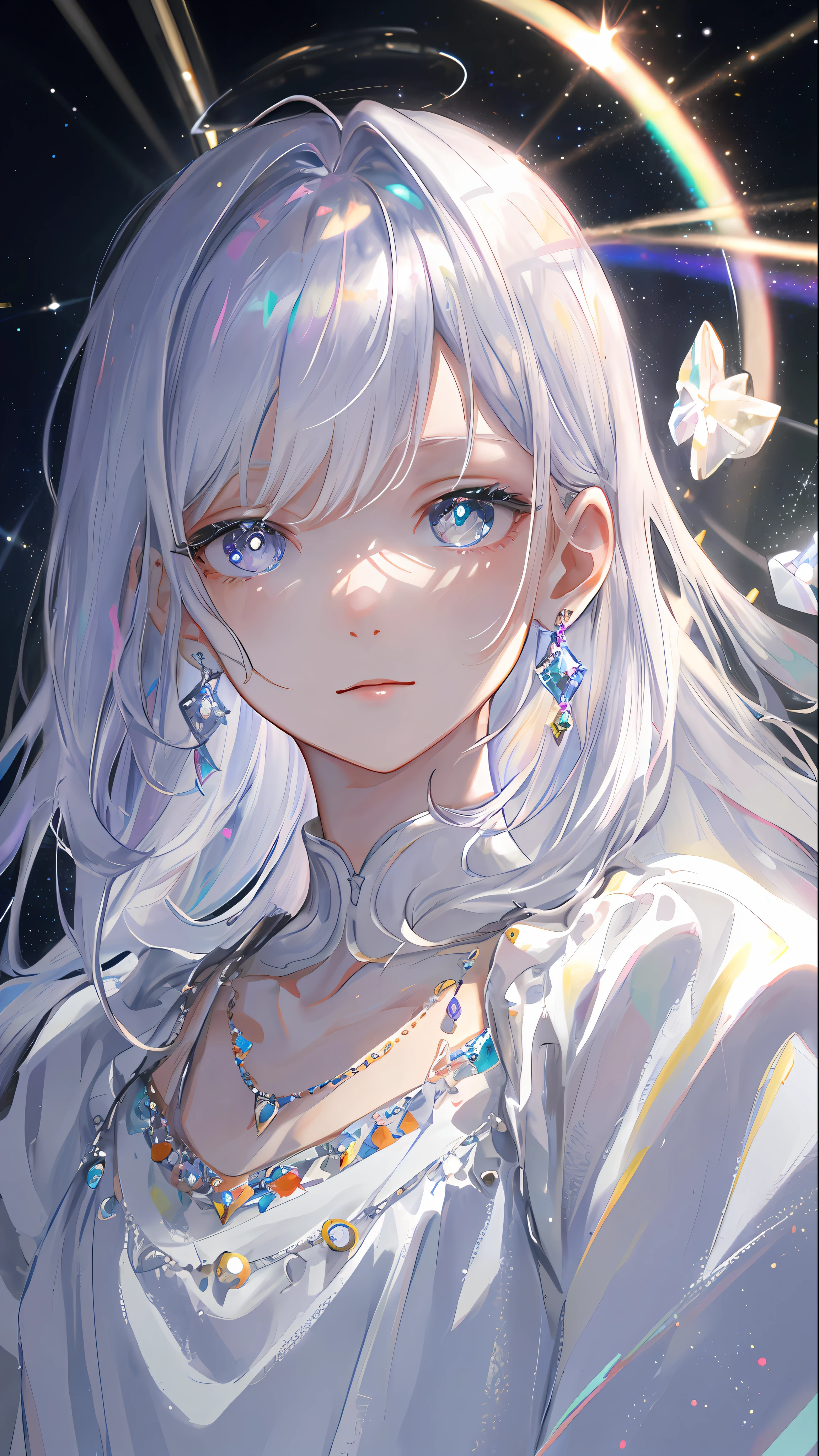 Masterpiece, Superb Illustrations, Rainbow Hair, Platinum Earrings, Platinum Necklace, White Dress, 1girl, Cute, (Dynamic Light: 1.2), Cinematic Light, Delicate Facial Features, Detailed Eyes, Sharp Pupils, Realistic Pupils, Depth of Field, Background Bokeh, Clear Focus, (Ultra Detailed, Halo, Glow: 1.4), Many Small Gems