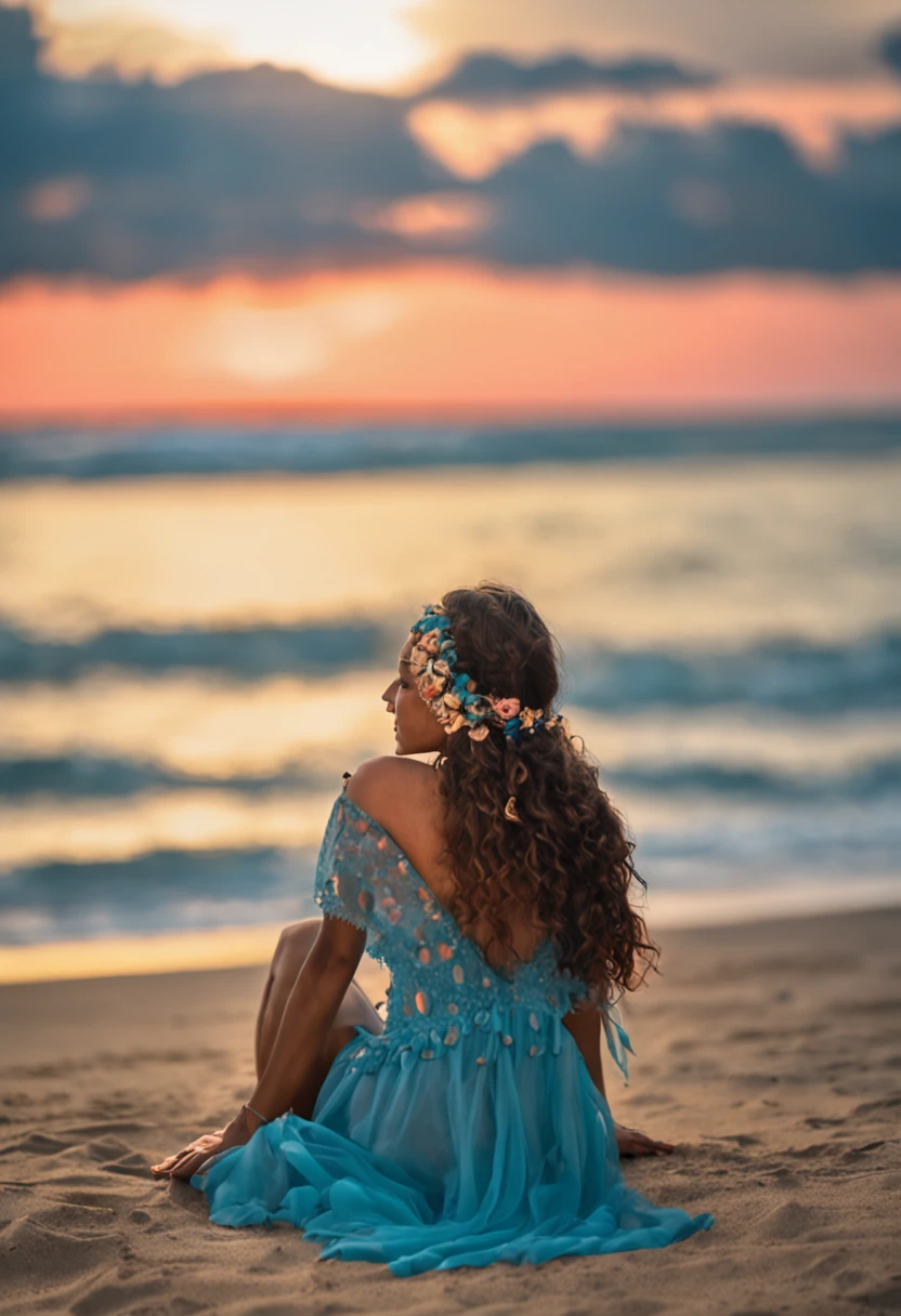 Jovem Mulher, sitting near the beach, Feminina, Linda, Olhar Gentil, vestido azul florido, Pequeno sorriso, Cabelos loiros longos, beautiful hair accessory, por do sol, cena detalhada, corpo inteiro, UHD