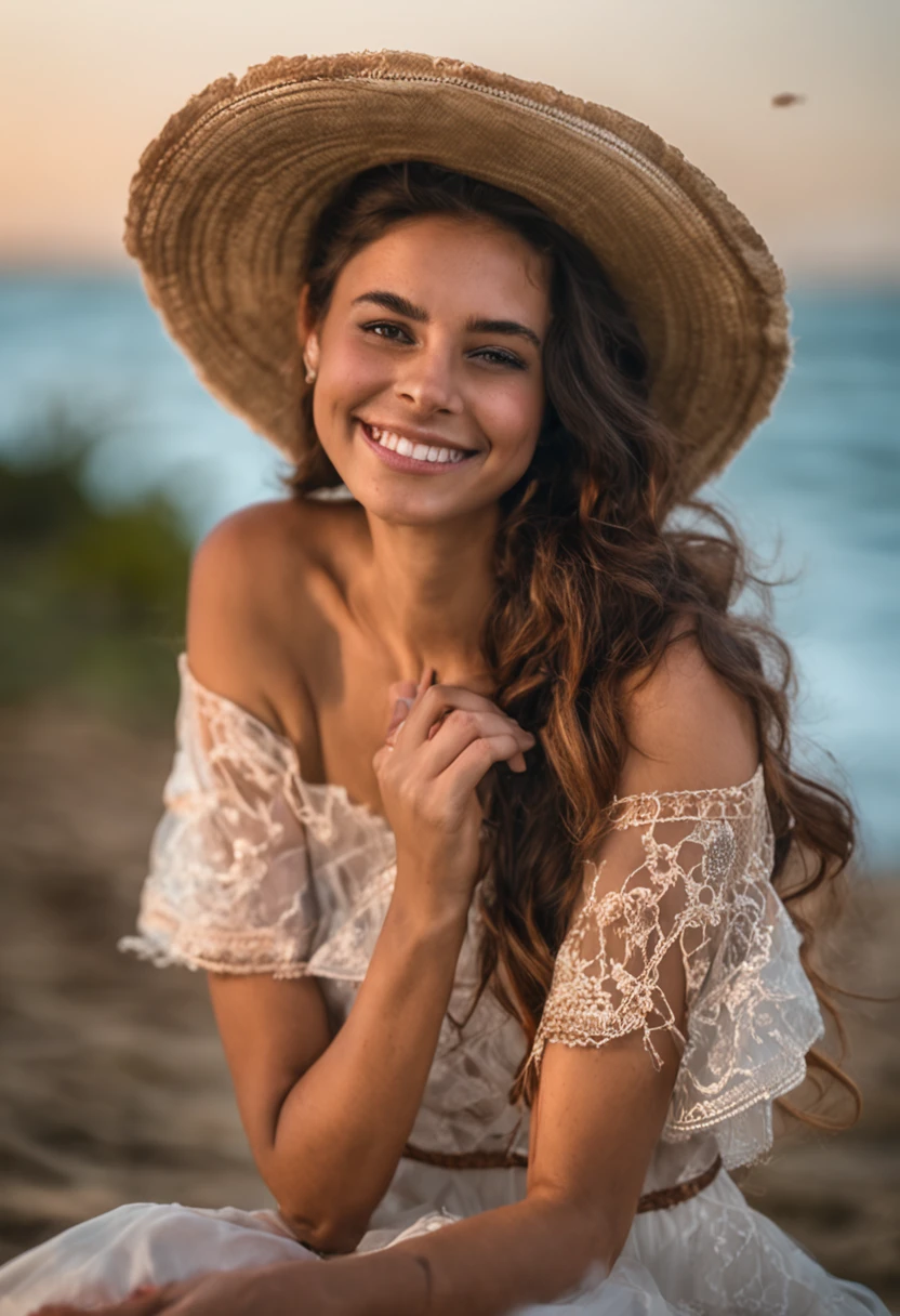 Jovem Mulher, sitting near the beach, Feminina, Linda, Olhar Gentil, vestido azul florido, Pequeno sorriso, Cabelos loiros longos, beautiful hair accessory, por do sol, cena detalhada, corpo inteiro, UHD