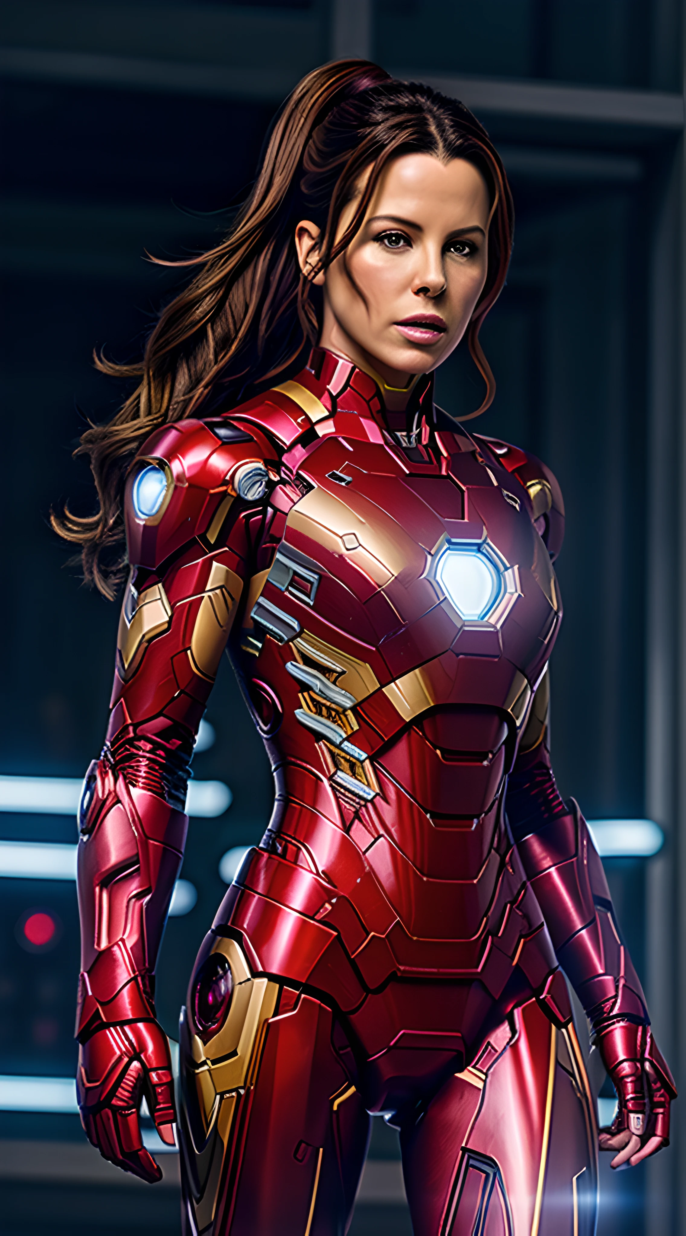 "Kate Beckinsale is Iron Man, wearing an Iron Man costumer with sexy physique, young face, intricate Iron Man costume, long pony tailed hair, showcasing her strength and determination while doing an Iron Man pose. Ultra high definition and resolution, capture every detail of her intense expression and powerful stance. Photorealism brings her presence to life."