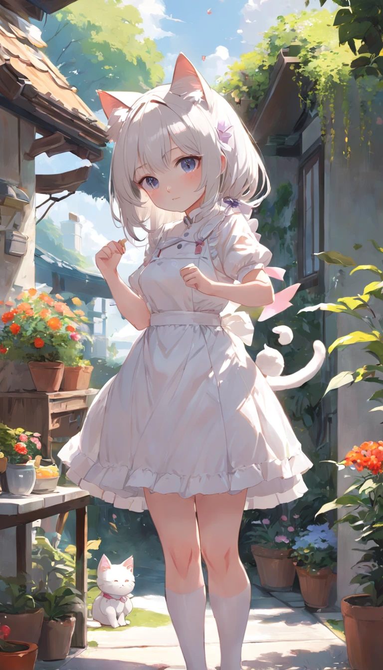 Anime cat ear girl standing in garden in white dress, Make breakfast in the kitchen, in dress, small curvaceous loliviz-style artwork, Guweiz in Pixiv ArtStation, Guweiz on ArtStation Pixiv, Guviz, small loli giroft anime illustration, Anime visuals of cute girls, Detailed digital anime art、Cookinginthekitchen,