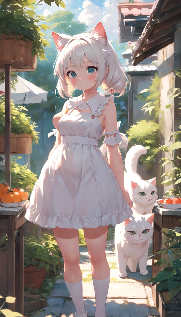 Anime cat ear girl standing in garden in white dress, Make breakfast in the kitchen，loli in dress, small curvaceous loli, Guviz-style artwork, Guweiz in Pixiv ArtStation, Guweiz on ArtStation Pixiv, Guviz, small loli girl, Soft anime illustration, Anime visuals of cute girls, Detailed digital anime art、Cookinginthekitchen，