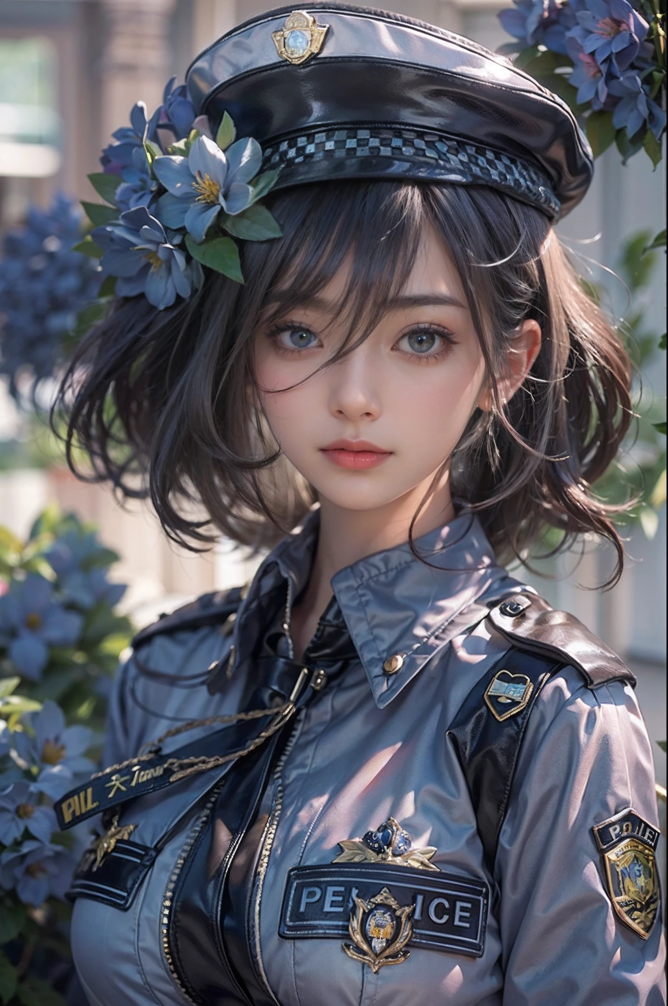 Female policewoman in Japan，Beautiful French cityscape with lush greenery，(Many flowers are blooming:1.2)，Serious face，focal，电影灯光，(((tmasterpiece))), ((best qualtiy)), ((intricate and detailed)), ((Ultra-realistic realism)), Ultra-high resolution, Japanese actressl, 23years old, see -through, ighly detailed, illustratio, 1girll, (Colossal tits), skinny waist and thick hips，long legged，beatiful detailed eyes, short detailed hair, brunette color hair, beautiful smiling face, a purple eye, (Super dense and sexy police uniform:1.2),Police Hat，Miniskirt ，Police Jacket，pantyhose, high-heels，细致背景, perfect  eyes, mesmerizing eyes, looking at viewert，parfect lighting,（Angle from behind:1.4),sexypose,Look at viewers,