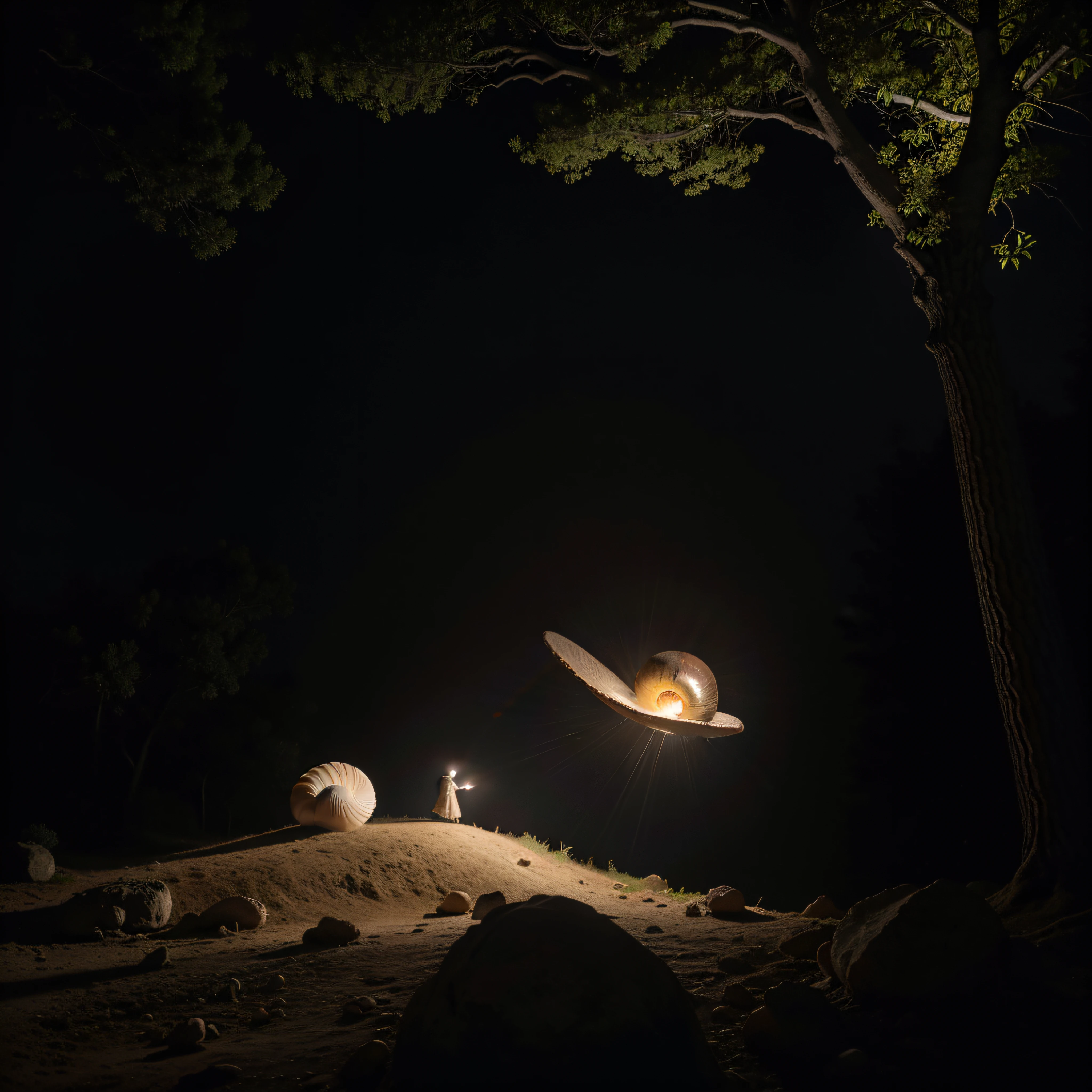 (extremadamente detallado, obra maestra, La mejor calidad, foto antigua, principios de siglo) Man with giant snail shell on his back, una linterna directa lo ilumina, bosque de noche. plano cercano. sangre por el suelo.