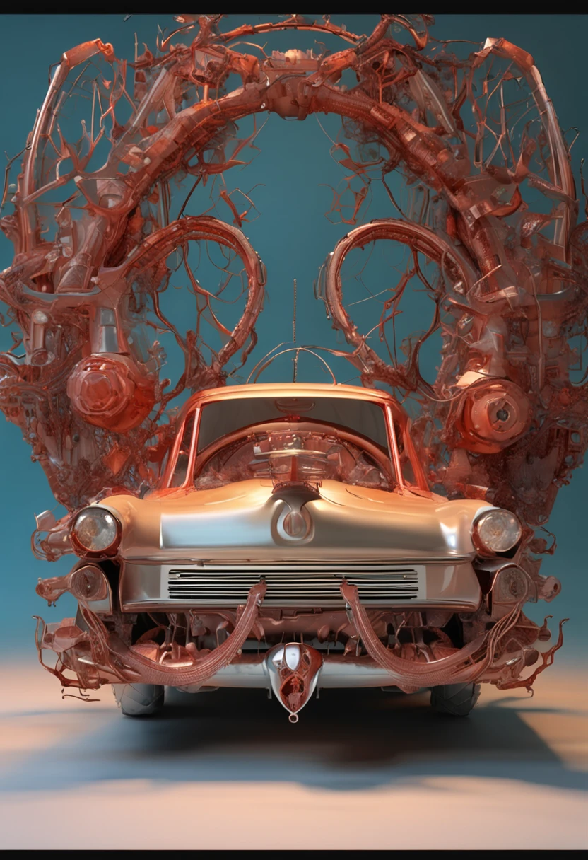 Intricate 3d rendering ultra-detailed beautiful classic car exploring the symbiotic relationship between technology and nature. , con_art2, biomechanical robot, simulated 150mm lens, beautiful natural soft edge light, neon veins, roots, delicate leaf lace, colorful details, Boris Bidjan Saberi costume, pearl earrings, piercings, art nouveau fashion embroidery, intricate details, mesh lines, Mandelbrot fractals, facial muscles, cables, microchips, villains, surreal, ultra-detailed, octane, volumetric lighting, 8k and post-production, red The white has a little bit of black, Metal Skeleton Details, Half-Human, Iridescent, Glenn Brown Style, Futuristic Room, Power of God, High Angle Shot, Complex Body Poses