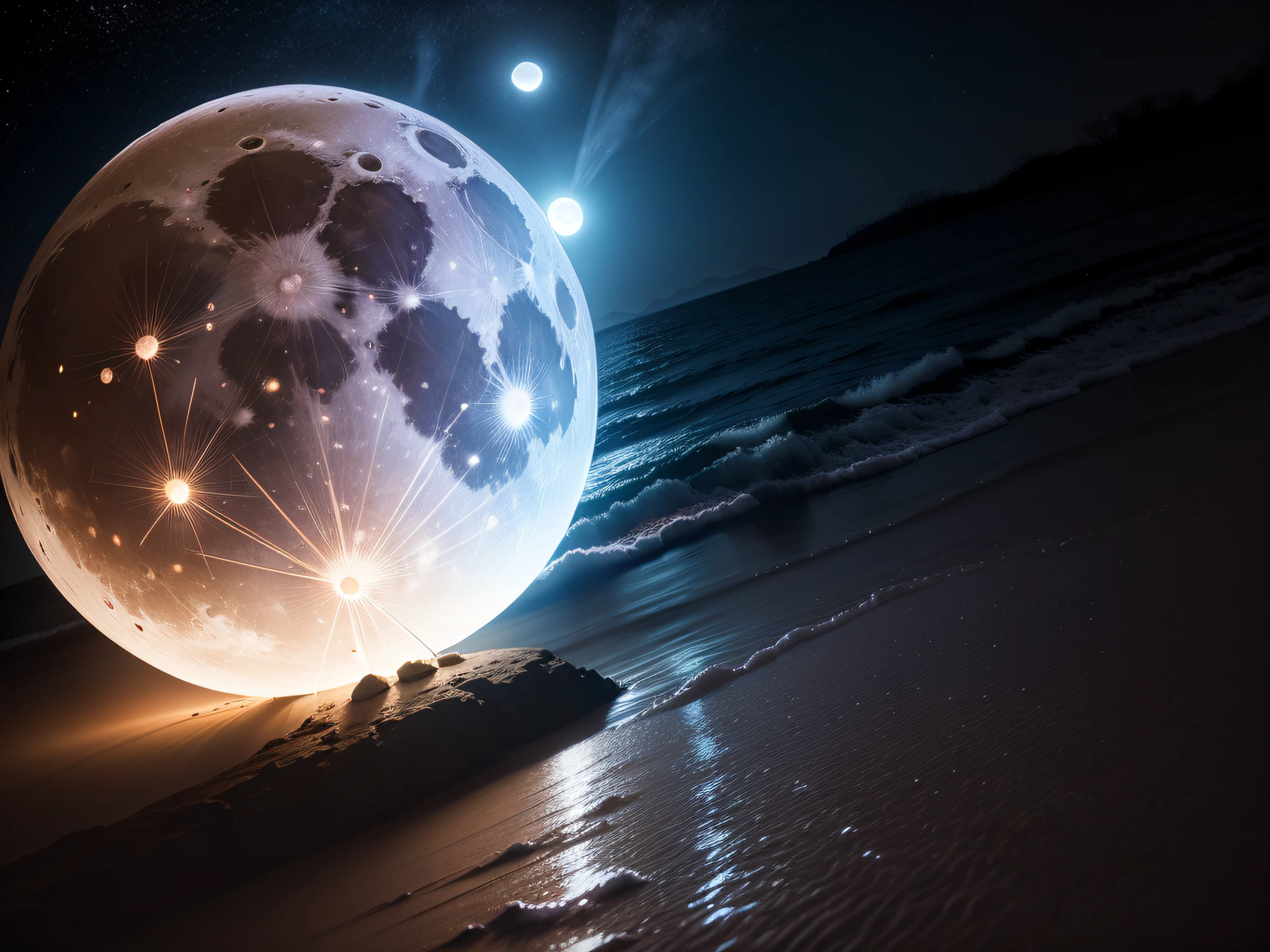 Full Moon: The radiant glow of a full moon illuminating the night sky, casting gentle light and creating shadows.