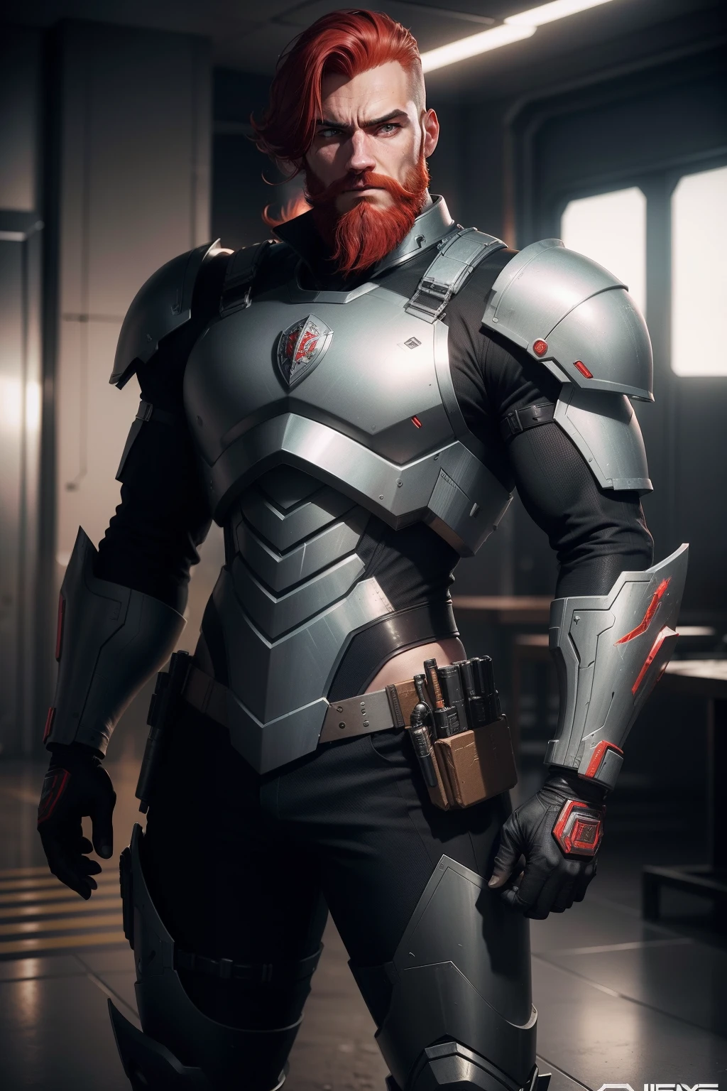 There's a man in a suit with red hair and a beard, atraente macho de carne com armadura, Comandante Militar Ciborgue Masculino, Epic Sci-Fi Character Art, Epic Sci - Arte do Personagem de Fi:, epic scifi character art, Deus grego no estilo mecha, arte do personagem do motor irreal, clothed in sci-fi military armor, 3 d render arte do caractere 8 k