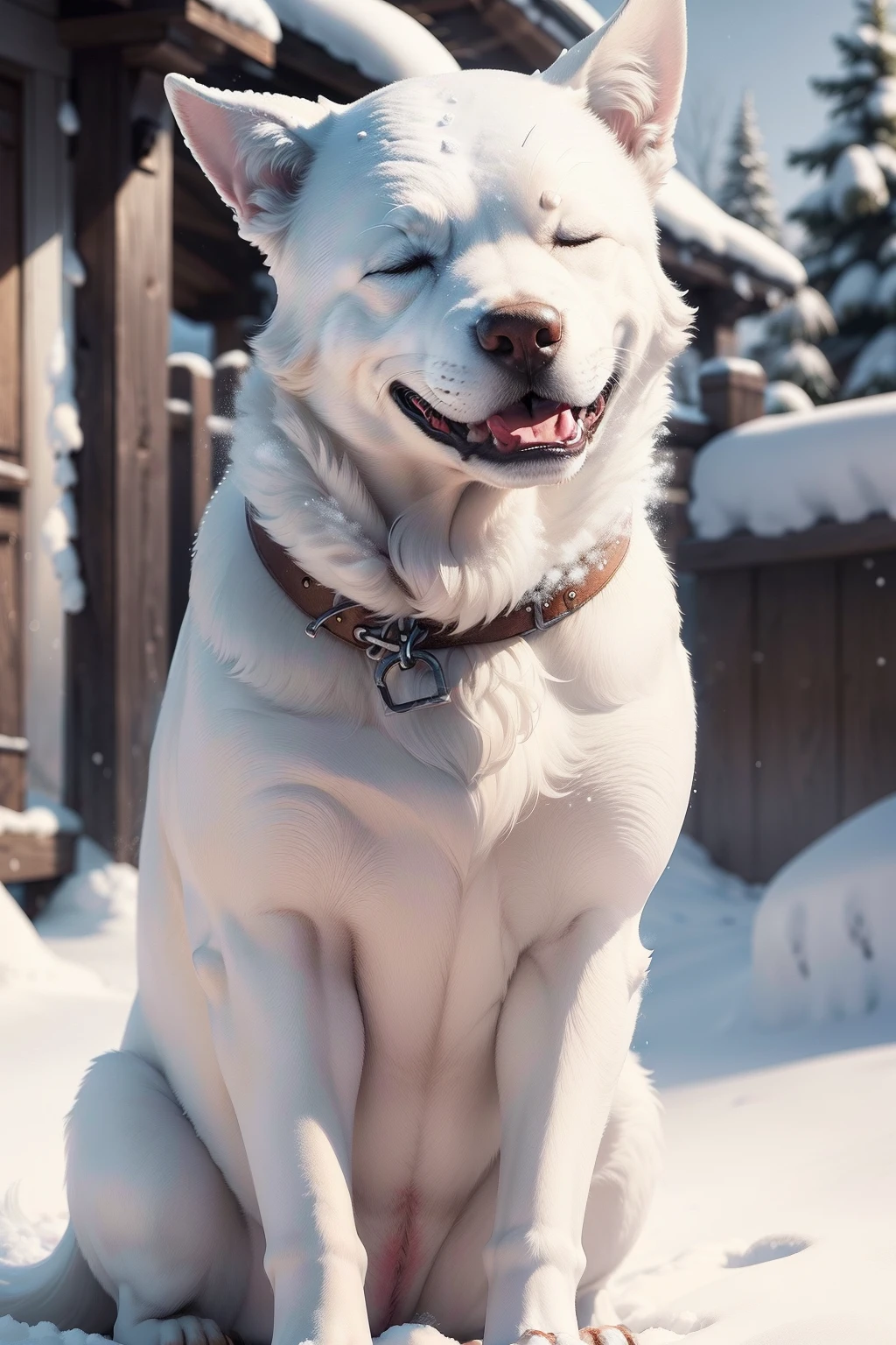 Snowy winter. A very happy dog ​​is sitting with his eyes closed in pleasure. Big snow is falling. The entire head and back of the dog is covered with a layer of snow. close-up. Lots of details. Disney Pixar cartoon style. super realistic. cinematic. Blurred background of a rustic yard. light haze.