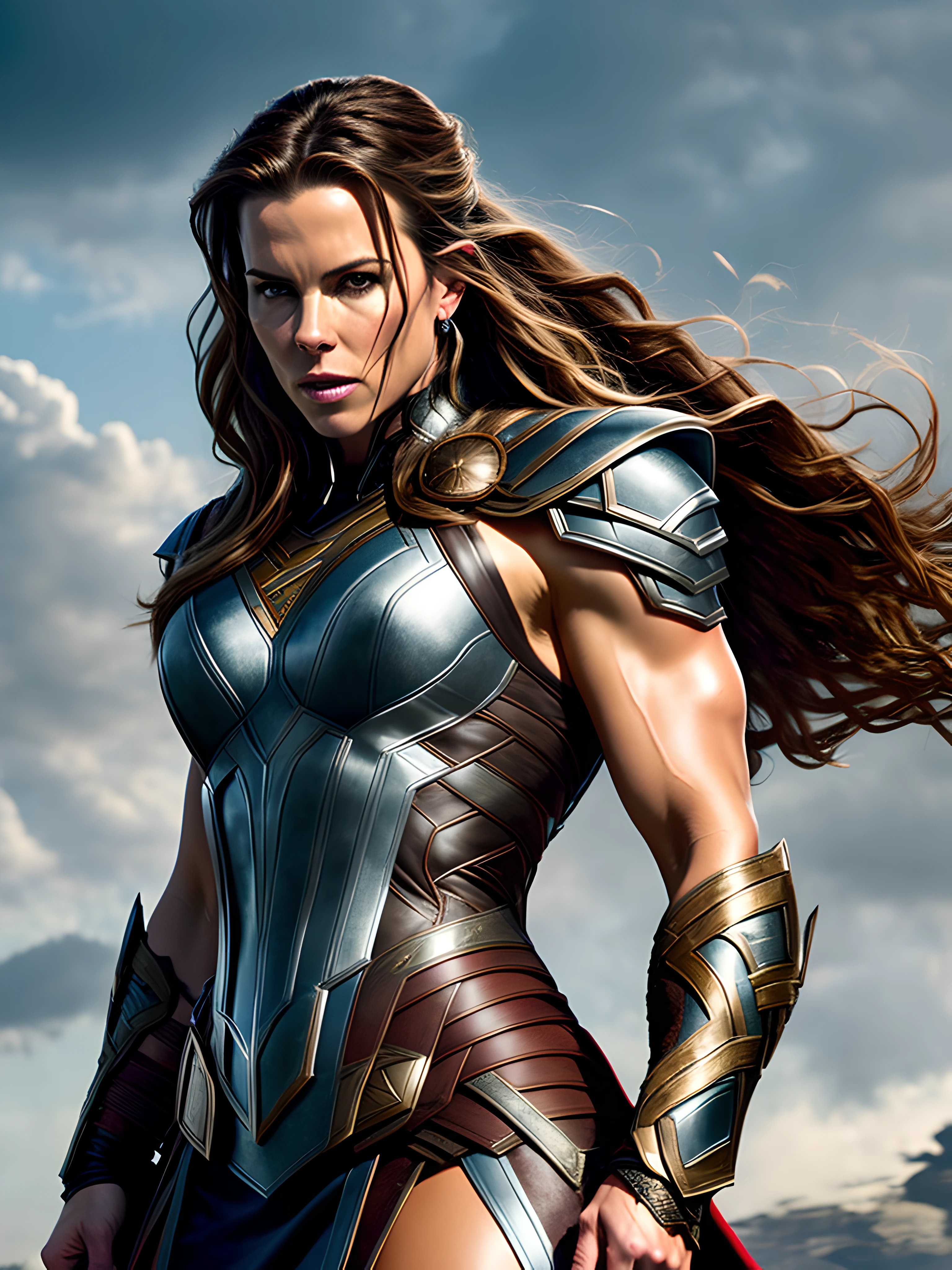 "Kate Beckinsale is Thor, wearing a Thor armor with sexy physique, young face, intricate Thor armor, long pony tailed hair, showcasing her strength and determination while doing a Thor pose. Ultra high definition and resolution, capture every detail of her intense expression and powerful stance. Photorealism brings her presence to life."