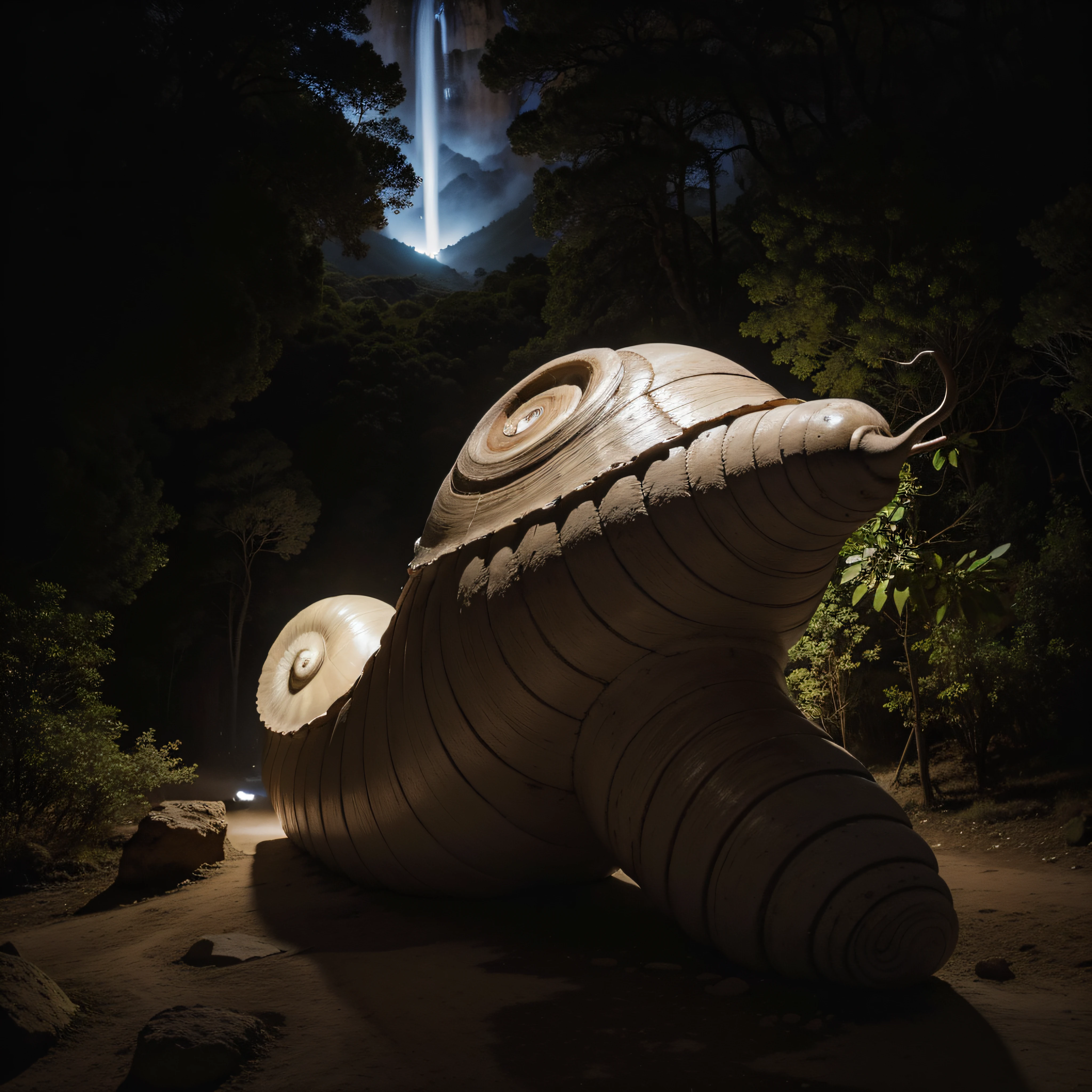 (extremadamente detallado, obra maestra, La mejor calidad, foto antigua, principios de siglo) Man with giant snail shell on his back, una linterna directa lo ilumina, bosque de noche. plano cercano. sangre por el suelo.